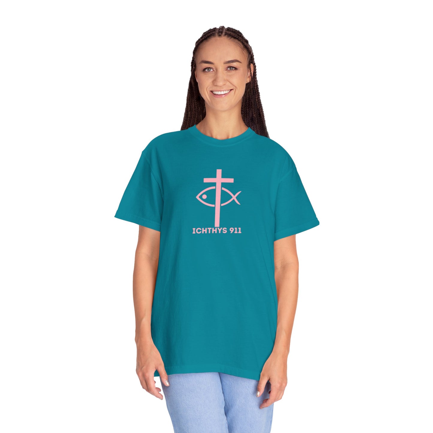 ICHTHYS 911 Pink Font "Faith, Hope, & Love" - Unisex Garment Dyed T-Shirt - 100% US Cotton - Men T-Shirt - Christian Women Tee - Faith-Inspired Shirt - Christian Fashion - Wear Your Faith - Additional Colors Added