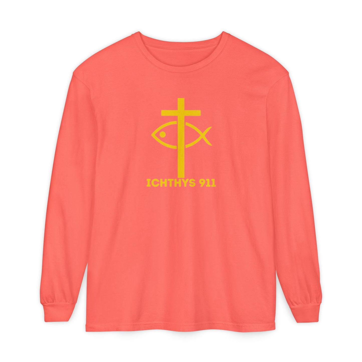Authentic ICHTHYS 911 Collection -  Gold Font - Unisex Garment Dyed Long Sleeve T-Shirt - Men Long Sleeve - Women Long Sleeve - Christian Faith Symbol Tee - Faith Inspired