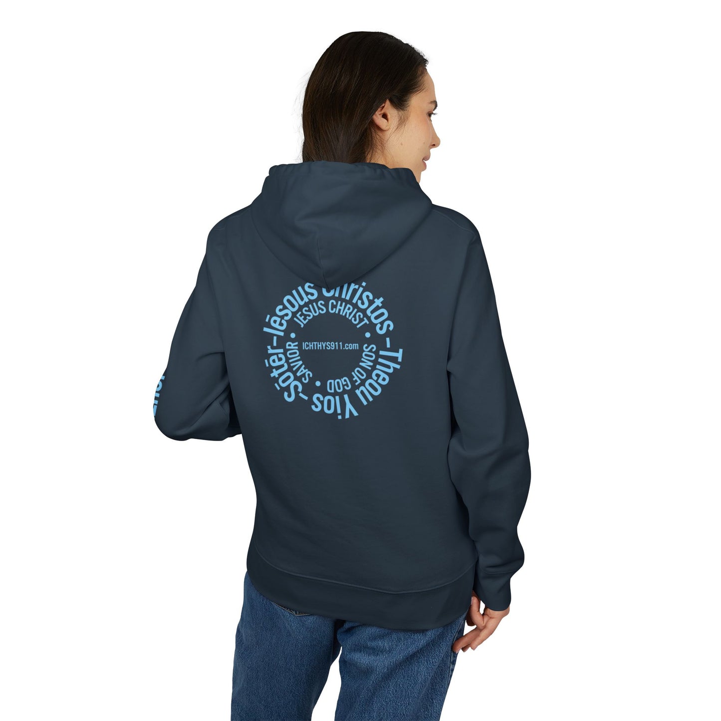 Iēsous Christos, Theou Yios, Sōtēr = Jesus Christ, Son of God, Savior - Unisex - Blue Font - Sweatshirt - ICHTHYS 911 - Hoodie -100% Organic- Heavy