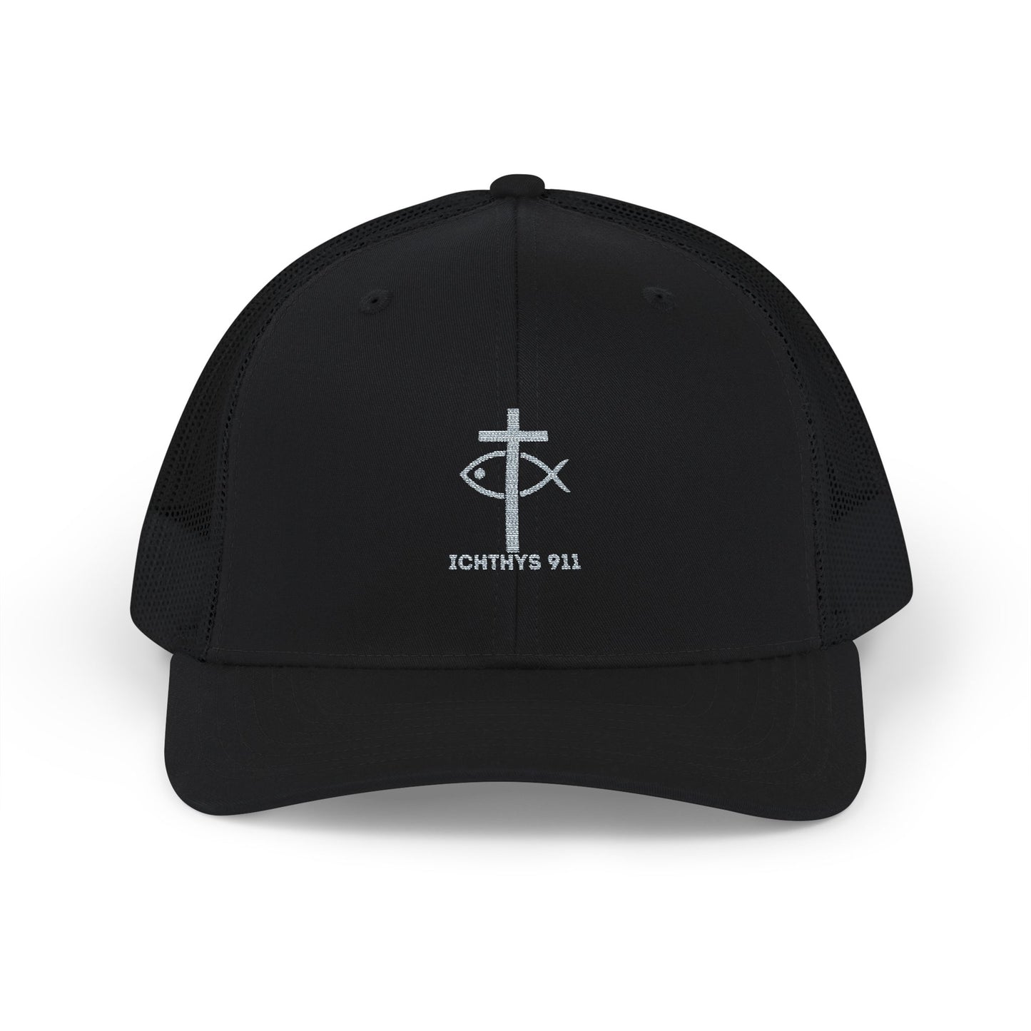 ICHTHYS 911 Embroidered Snapback Trucker Cap - Faith-Inspired Outdoor Hat - Jesus