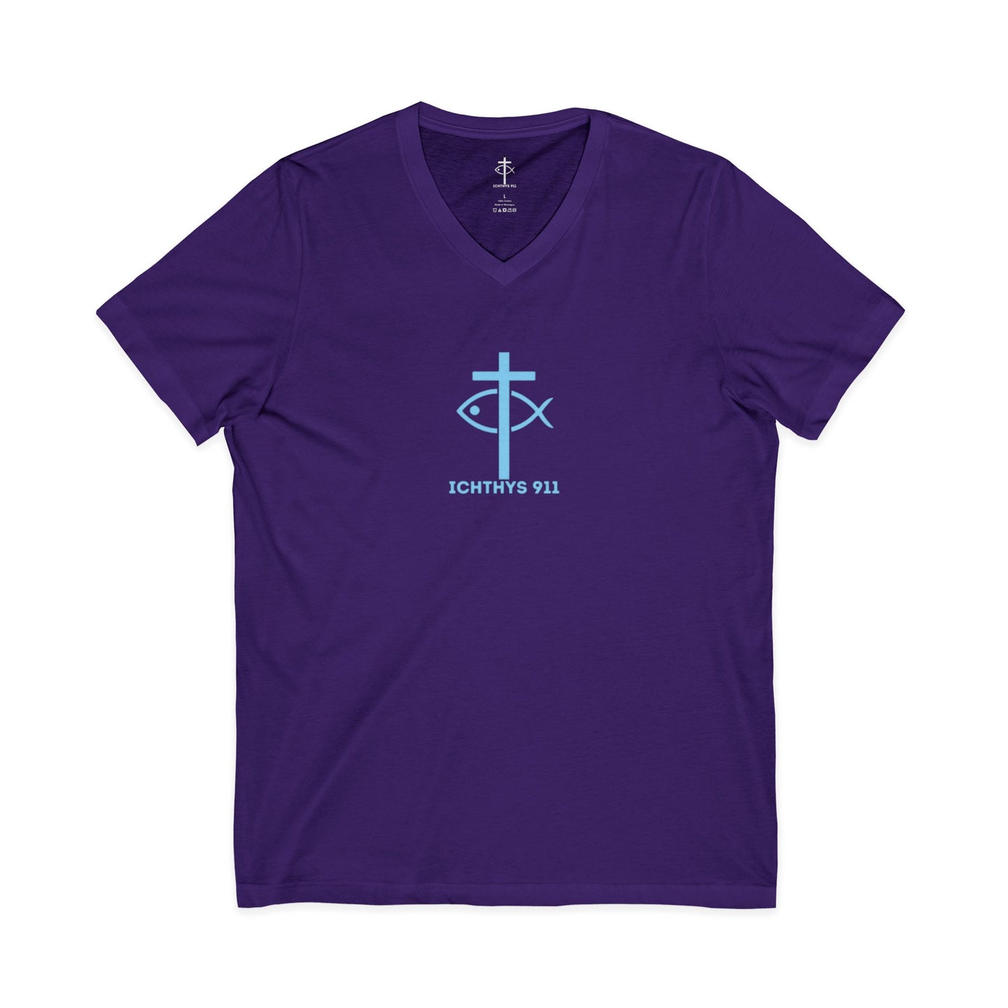 Jesus Is His Name, Saving Souls For Eternity is His Game - Blue Font - V-Neck - Unisex -Men T-Shirt - Women T-Shirt - Christian T - Faith-Inspired Unisex V-Neck Tee - Perfect for Christians - ICHTHYS 911 Design