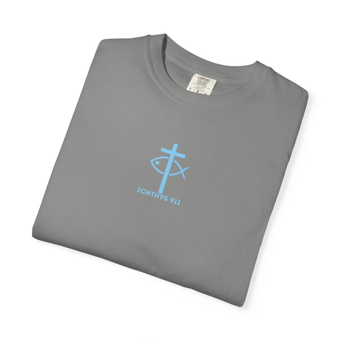 ICHTHYS 911 - Blue Font - Vendor - "Iēsous Christos, Theou Yios, Sōtēr" - Garment-Dyed Unisex T-Shirt - Men T-Shirt - Women T-Shirt - Christian Symbol - Greek - Faith Inspired -Christian Streetwear – Jesus Gym & Faith Fashion, Unisex Garment