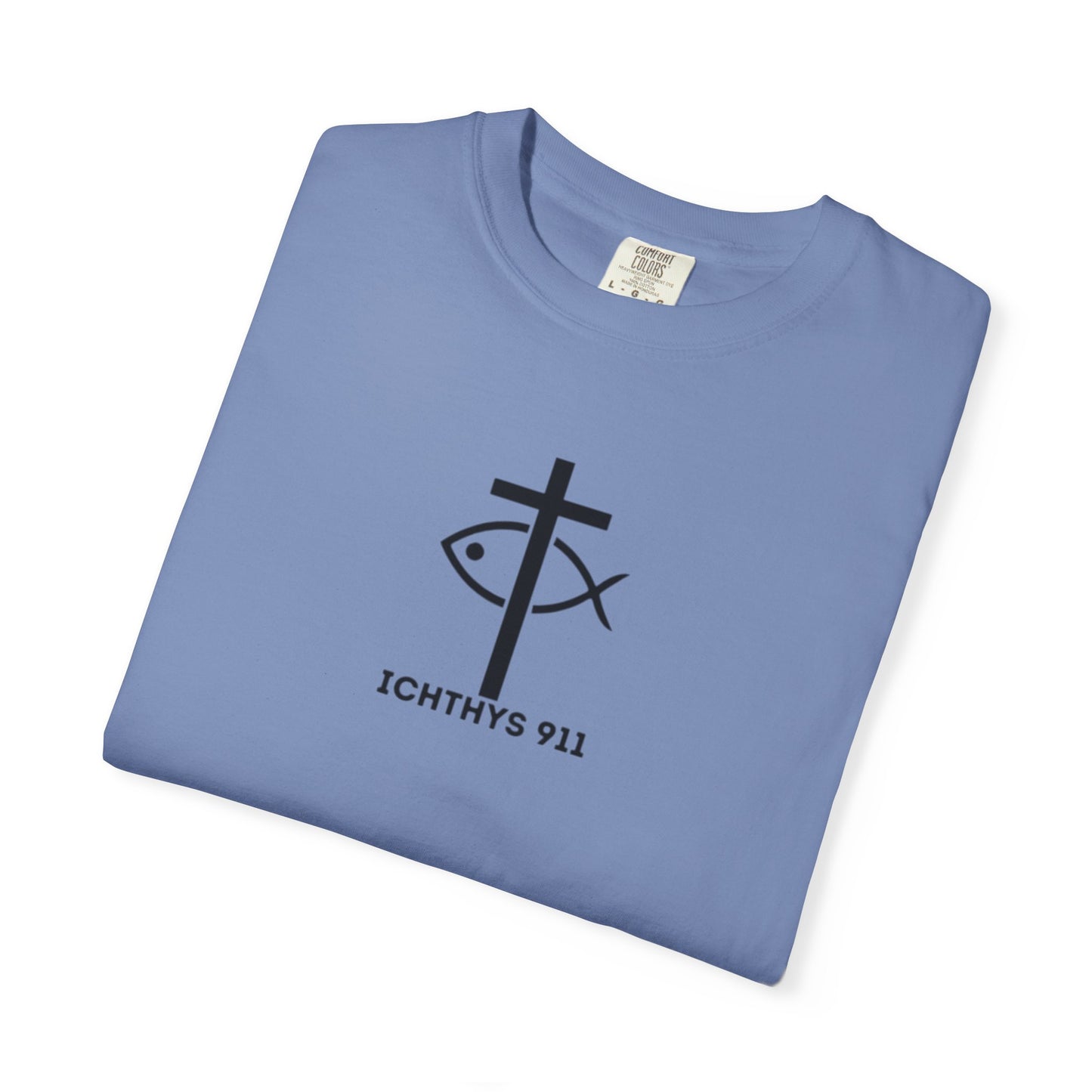 ICHTHYS 911 - Authentic - Christian Streetwear T-Shirt – Jesus Gym & Faith Fashion - Men T-Shirt - Women T-Shirt -Unisex Garment-Dyed T-Shirt Black Font