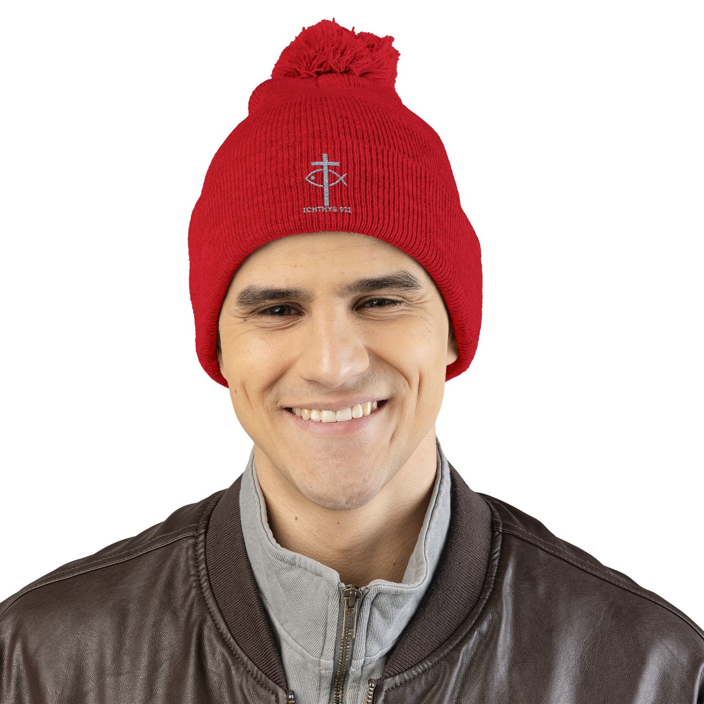 Cozy Pom-Pom Knit Cap | Winter Accessory with Embroidery - Christian Faith Wear - ICHTHYS 911 Design