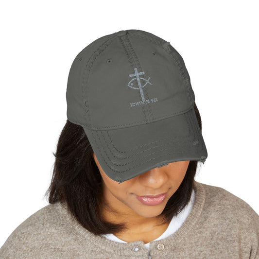 ICHTHYS 911 Embroidered Design - Distressed Hat with Casual Fashion - Accessory for Everyday Wear - ICHTHYS 911 Collection - This hat is very soft - Short stance - Everyone is loving this hat