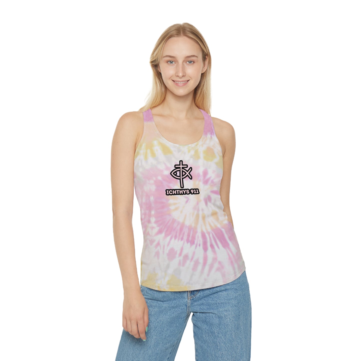 Women Tie Dye Tank Top - ICHTHYS 911 Summer Vibes Racerback Shirt. Be bold in your walk. Be known by your faith. Represent the movement.