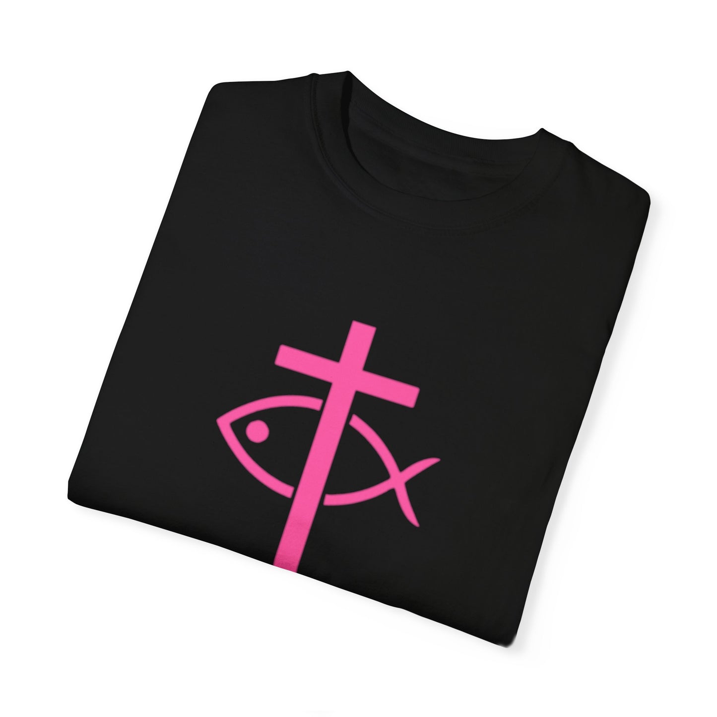ICHTHYS 911 - Authentic - W/O IC 911 on Back Christian Streetwear T-Shirt – Jesus Gym & Faith Fashion, Unisex Garment-Dyed T-Shirt Hot Pink Font