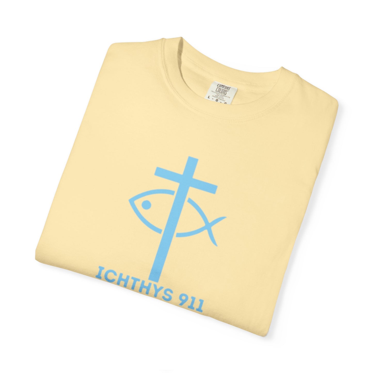 Iēsous Christos, Theou Yios, Sōtēr - Blue Font - Garment-Dyed Unisex T-Shirt - Men T-Shirt - Women T-Shirt - Christian Symbol - Greek - Faith Inspired -Christian Streetwear – Jesus Gym & Faith Fashion, Unisex Garment -ICHTHYS 911 - Additional Colors