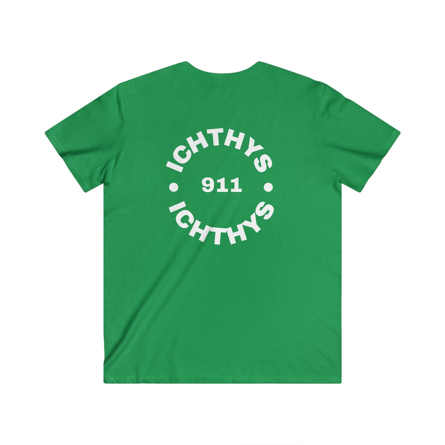 ICHTHYS 911 - Authentic Round Collection - Men's Fitted V-Neck Short Sleeve T - Shirt - Faith-Inspired - Christian Faith - White Font
