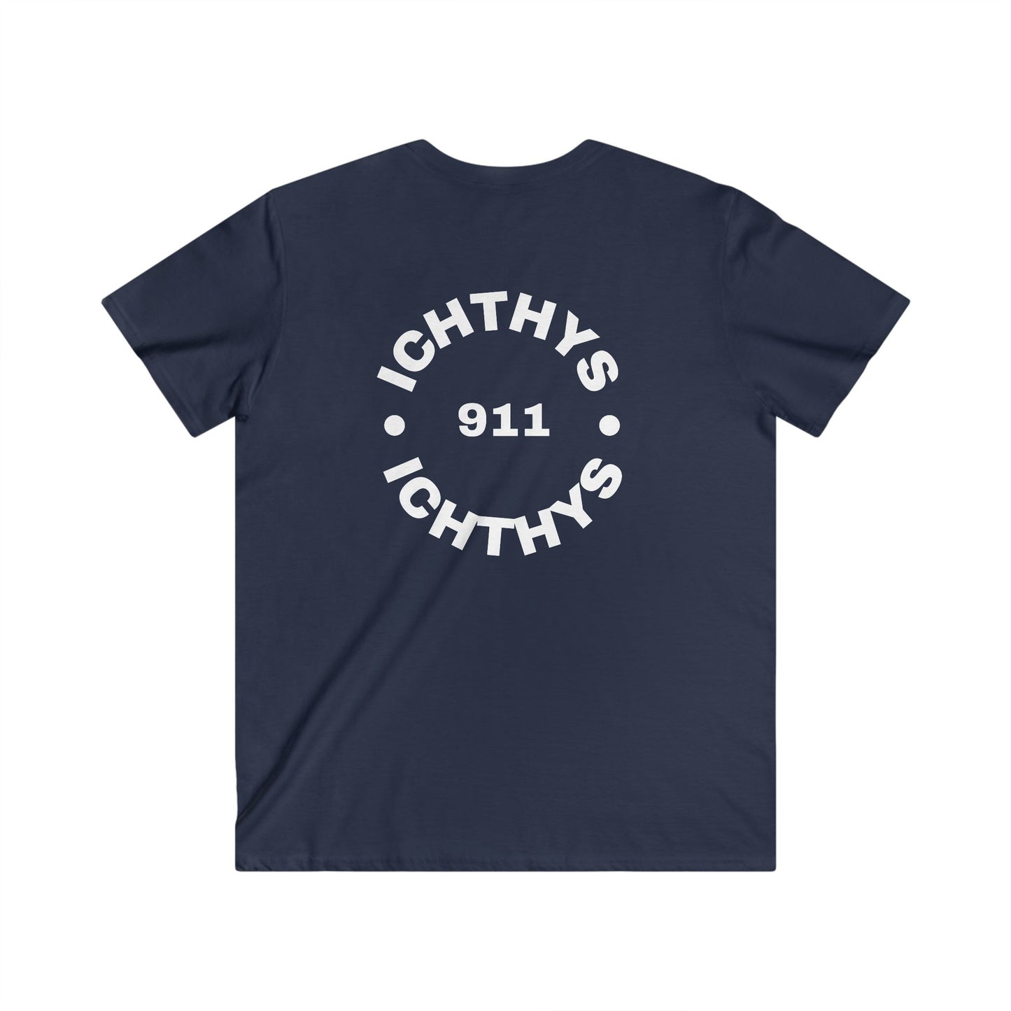 ICHTHYS 911 - Authentic Round Collection - Men's Fitted V-Neck Short Sleeve T - Shirt - Faith-Inspired - Christian Faith - White Font