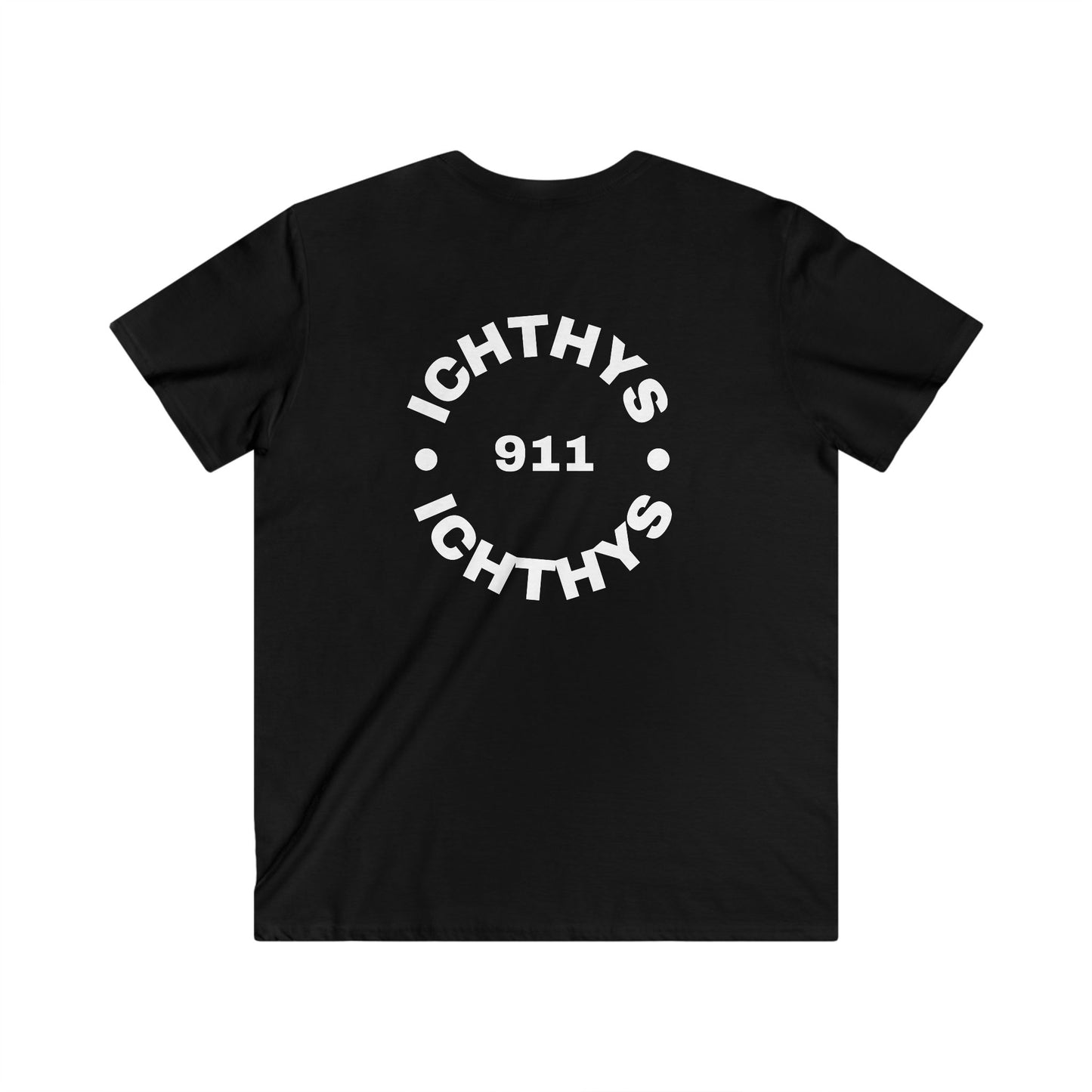 ICHTHYS 911 - Authentic Round Collection - Men's Fitted V-Neck Short Sleeve T - Shirt - Faith-Inspired - Christian Faith - White Font