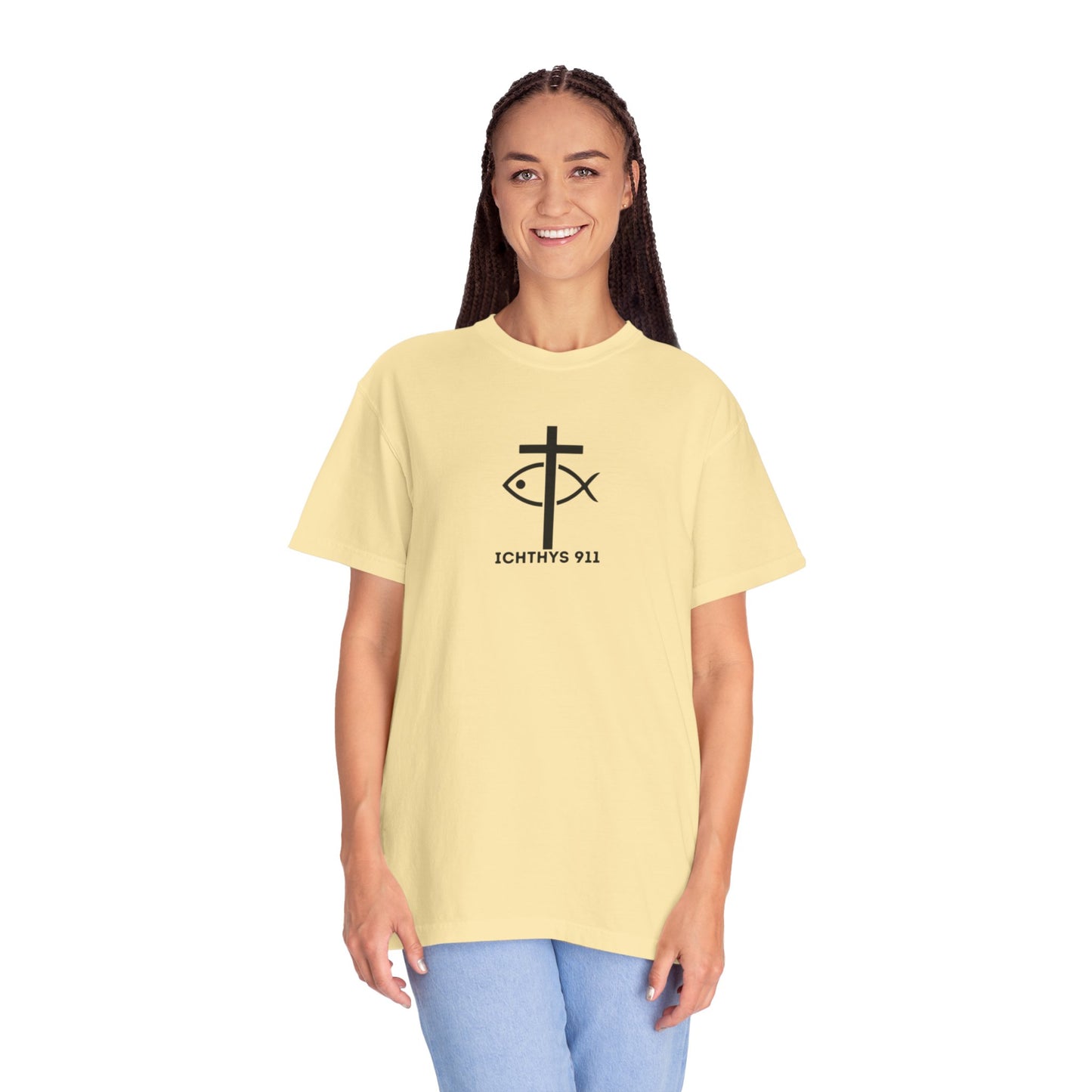 ICHTHYS 911 - Black Font - Additional Flavors - "Faith & Strength" - Unisex  - Garment Dyed -100% US Cotton -Short Sleeve Tee - Inspirational Graphic T-Shirt for Everyday Motivation - Women T-Shirt - Soft T