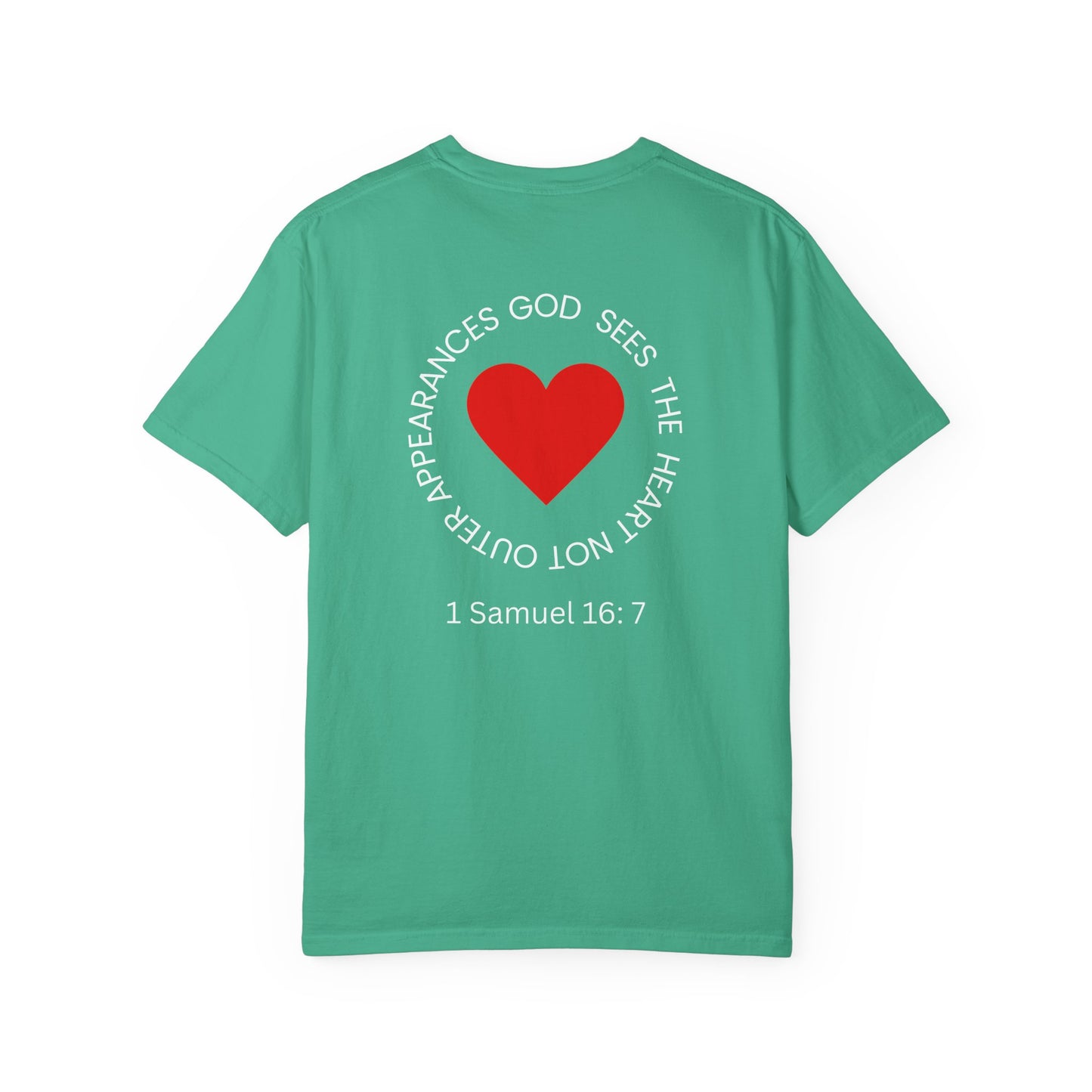 ICHTHYS 911 -  "God Sees the Heart" - White Font - Unisex Garment - Dyed T-Shirt - Inspirational Graphic T-Shirt for Everyday Motivation - 100% US cotton