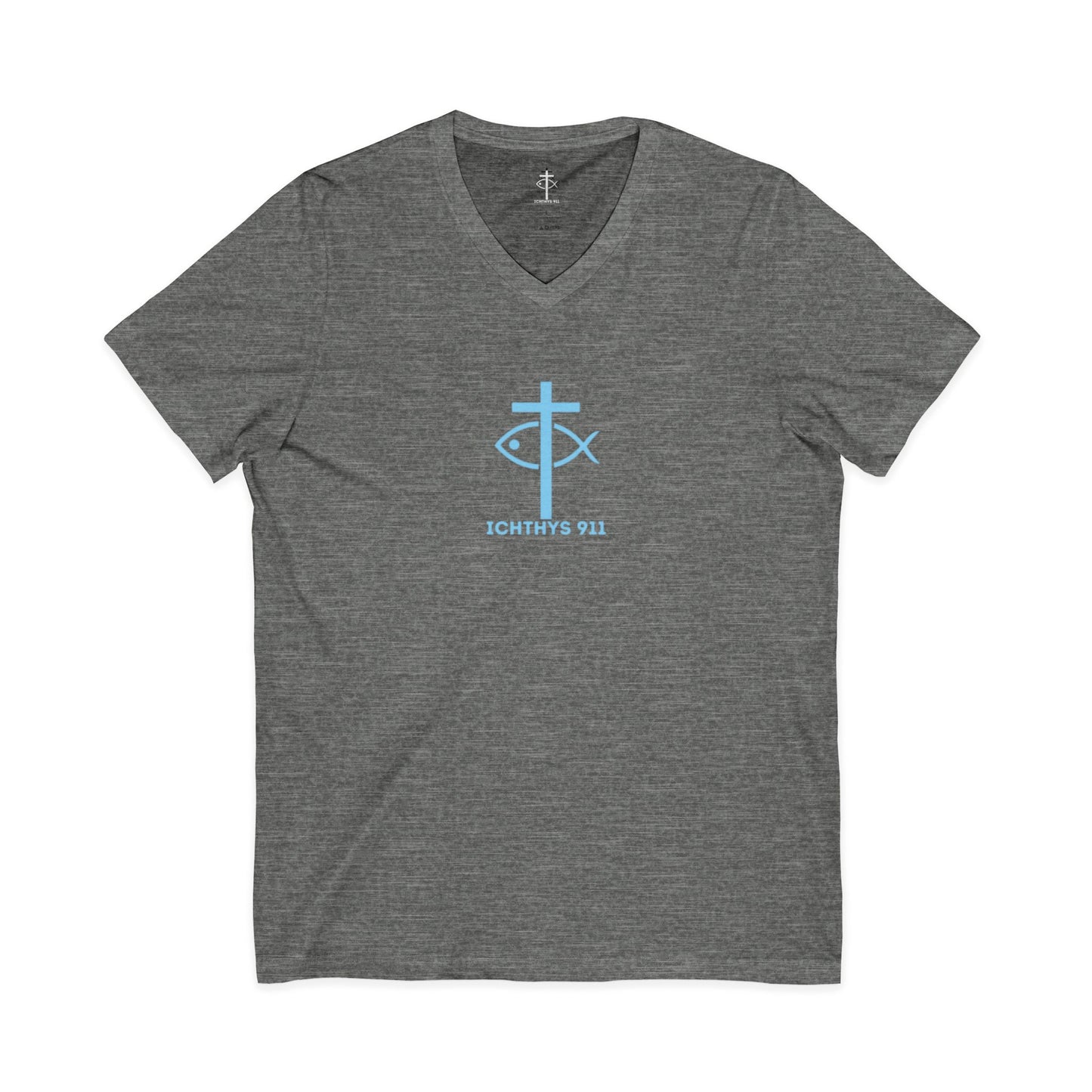 Jesus Is His Name, Saving Souls For Eternity is His Game - Blue Font - V-Neck - Unisex -Men T-Shirt - Women T-Shirt - Christian T - Faith-Inspired Unisex V-Neck Tee - Perfect for Christians - ICHTHYS 911 Design