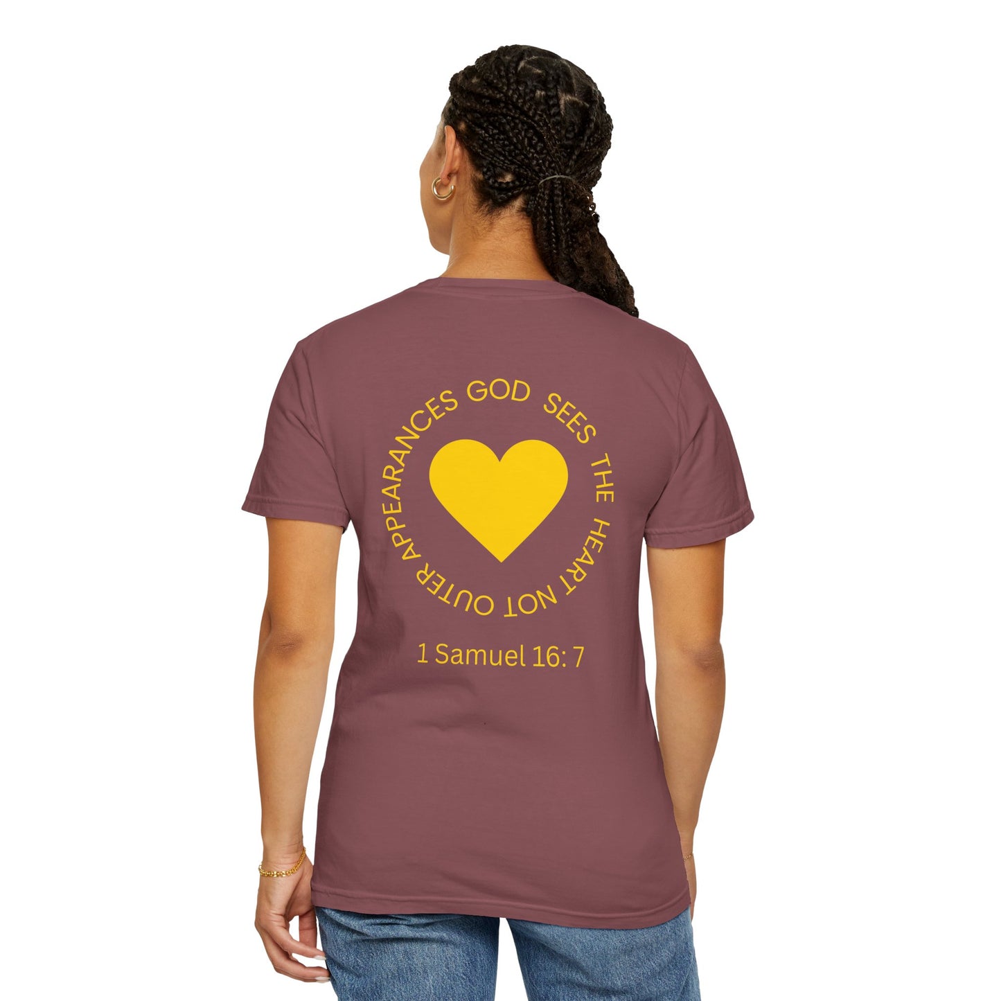 ICHTHYS 911 - "God Sees the Heart" Reverse' Gold Font - Unisex Garment - Dyed T-Shirt - 100% US Cotton - Men T-Shirt - Women T-Shirt - Inspirational Graphic T-Shirt for Everyday Motivation