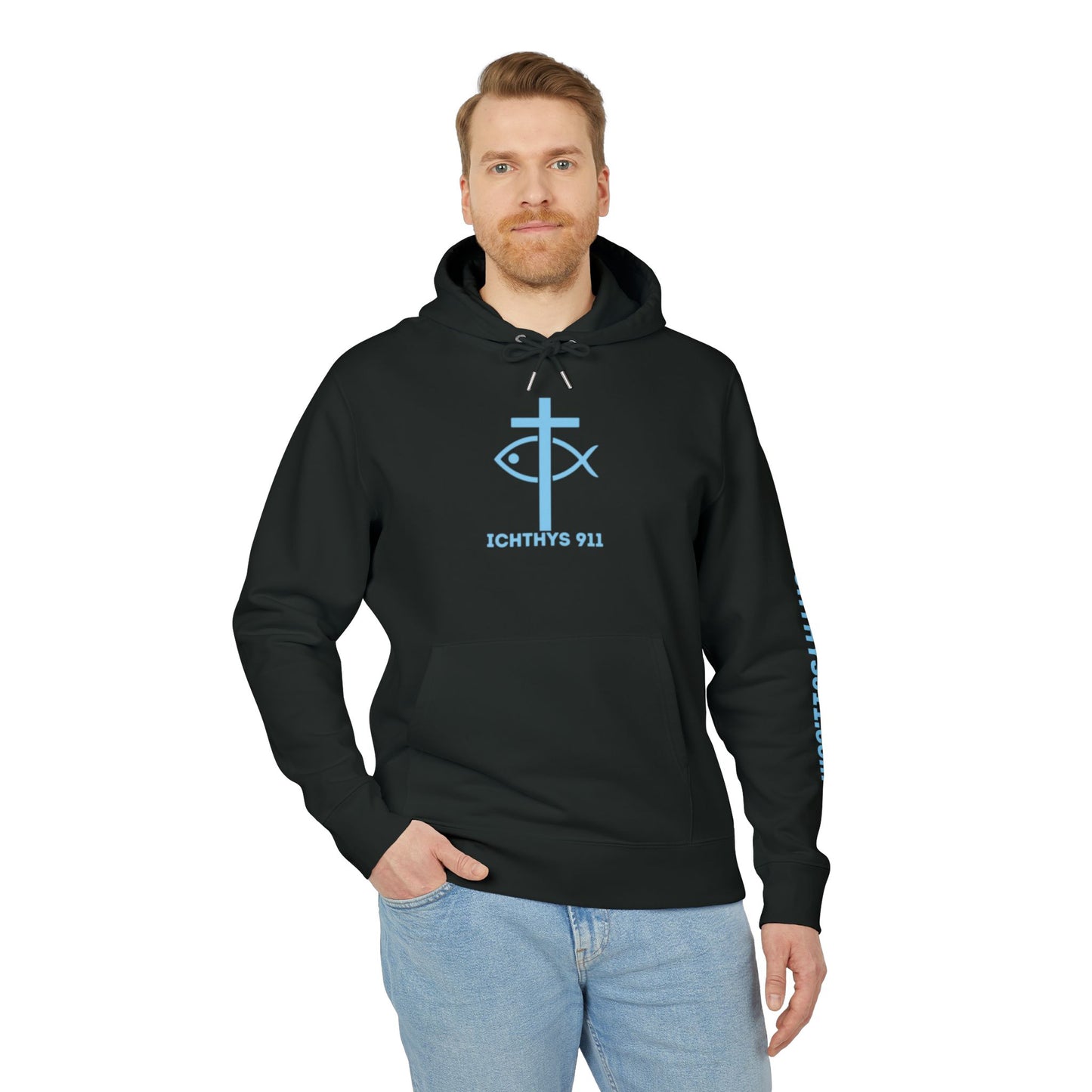 Iēsous Christos, Theou Yios, Sōtēr = Jesus Christ, Son of God, Savior - Unisex - Blue Font - Sweatshirt - ICHTHYS 911 - Hoodie -100% Organic- Heavy