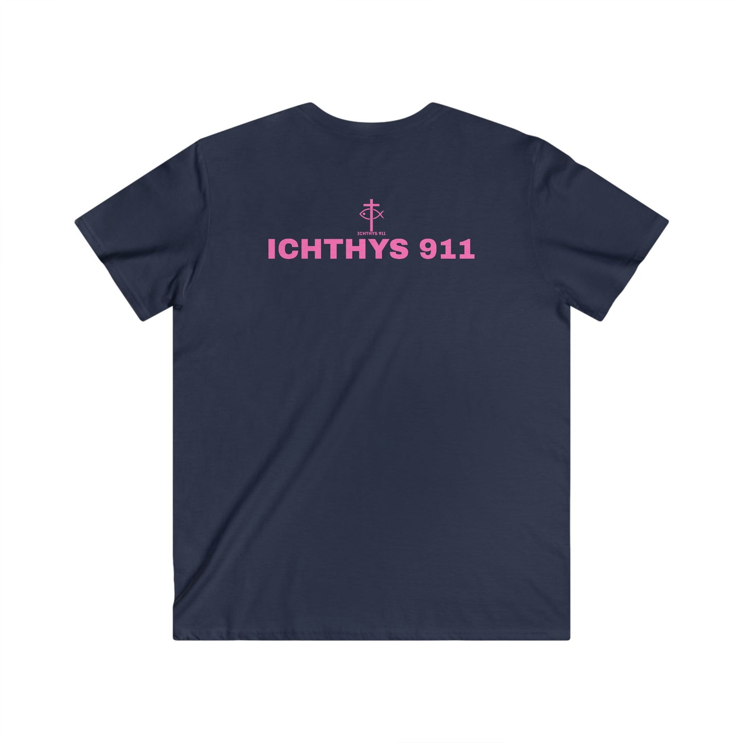 ICHTHYS 911 - Authentic Collection - Men's Fitted V-Neck Short Sleeve T - Shirt - Faith-Inspired - Christian Faith - Pink Font