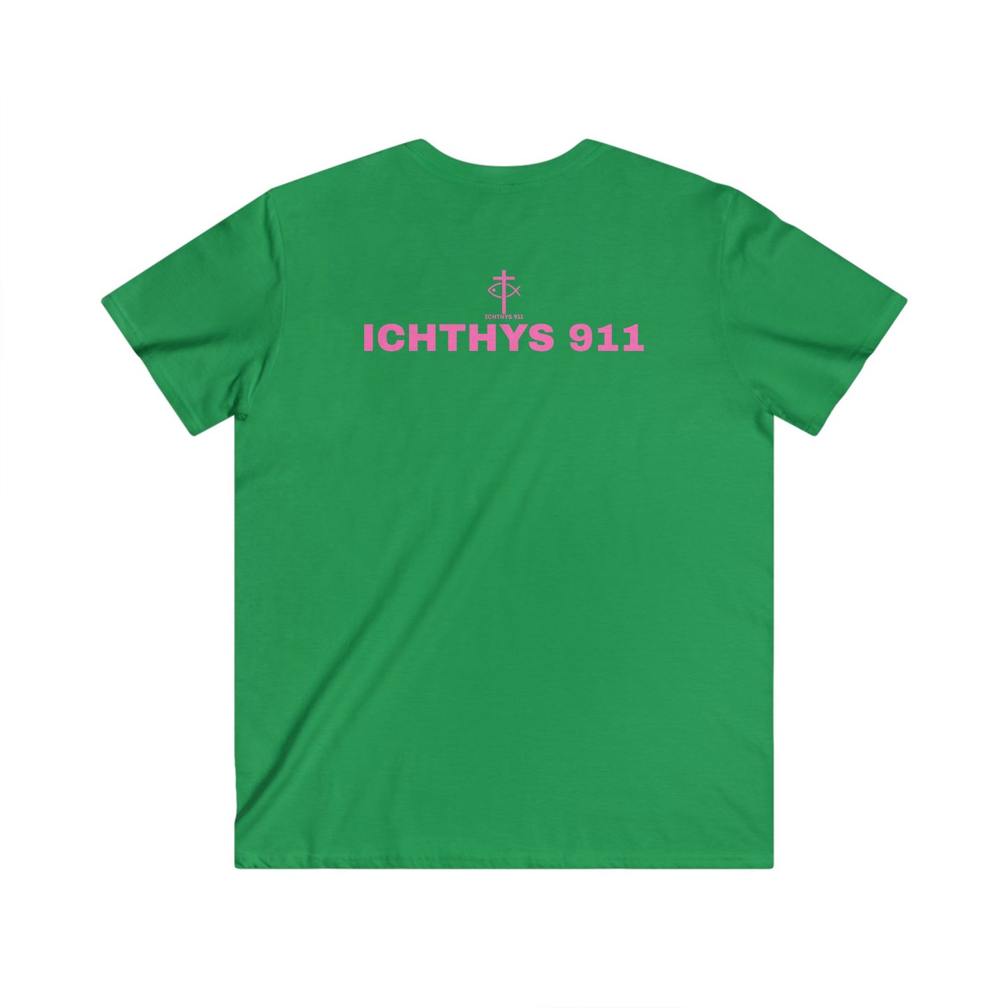 ICHTHYS 911 - Authentic Collection - Men's Fitted V-Neck Short Sleeve T - Shirt - Faith-Inspired - Christian Faith - Pink Font