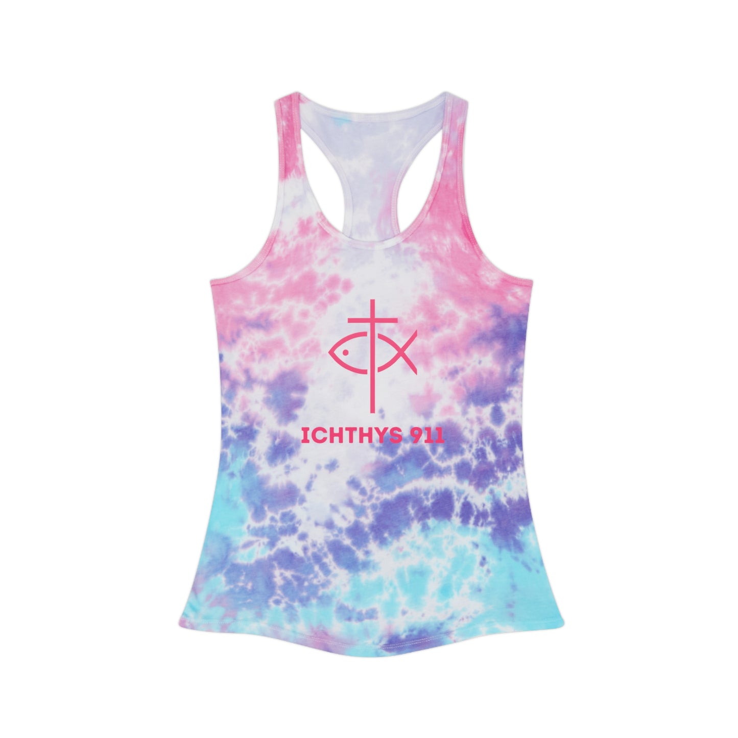 ICHTHYS 911 Tie Dye Racerback Tank Top – Chill Summer Vibes for Faithful Living - Wear Your Christian Faith