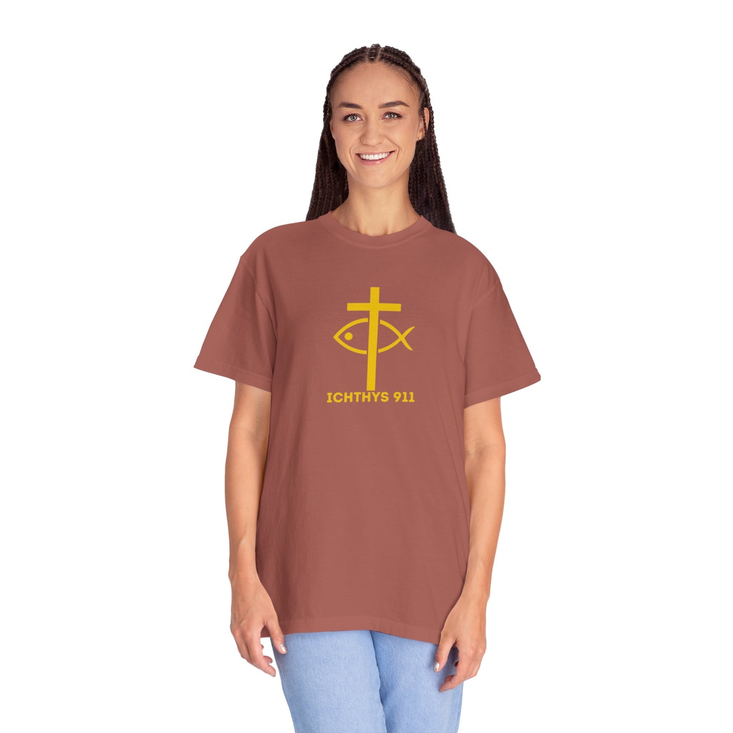 ICHTHYS 911 Gold Font "Faith, Hope, & Love" - Unisex Garment Dyed T-Shirt - 100# US Cotton - Men T-Shirt - Women T-Shirt - Christian T- Shirt -Faith-Inspired Shirt - Christian Fashion - Wear Your Faith