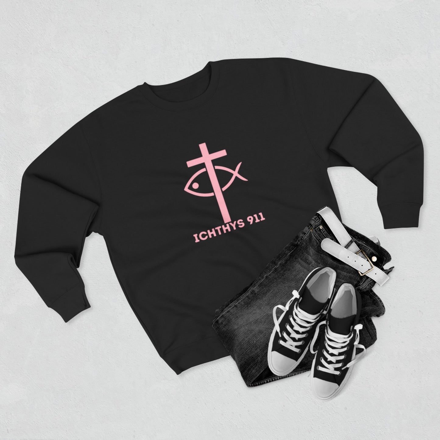 ICHTHYS 911 Minimal Pink Cross Crewneck Sweatshirt — Unisex -