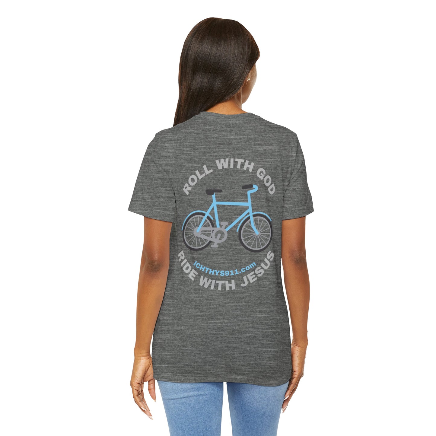 ICHTHYS 911 - "Roll With God Ride With Jesus" - Silver Font - Unisex T- Shirt - Lightweight 100% Cotton - Summer T - Arm Form Fitting - Men T- Shirt - Women T-Shirt - Christian T-Shirt
