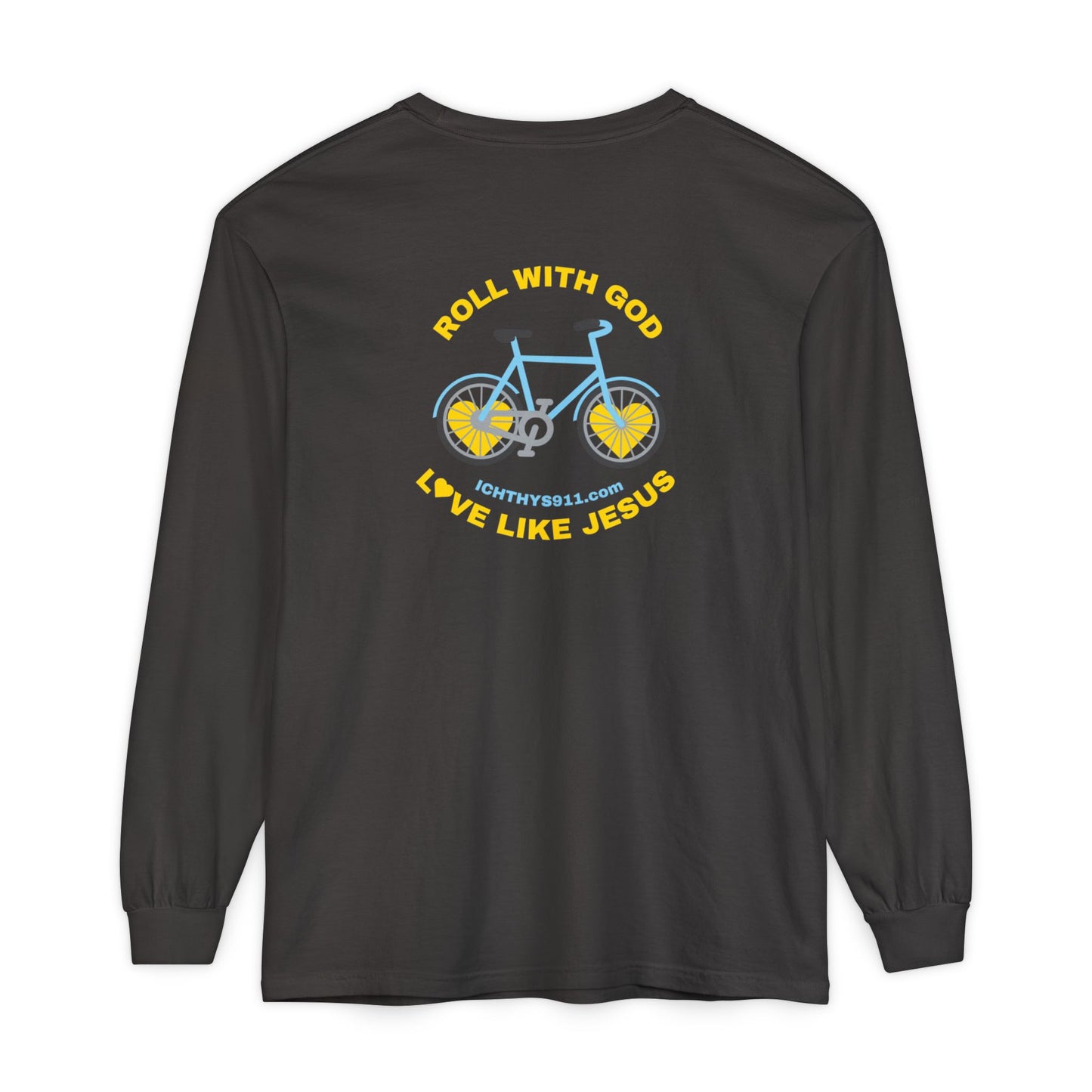 “Roll With God, Love Like Jesus” Bike Graphic -Unisex T- Shirt - Gold Font - Men T- Shirt - Women T-Shirt - Christian T-Shirt - ICHTHYS 911 - Soft - Garment-Dyed