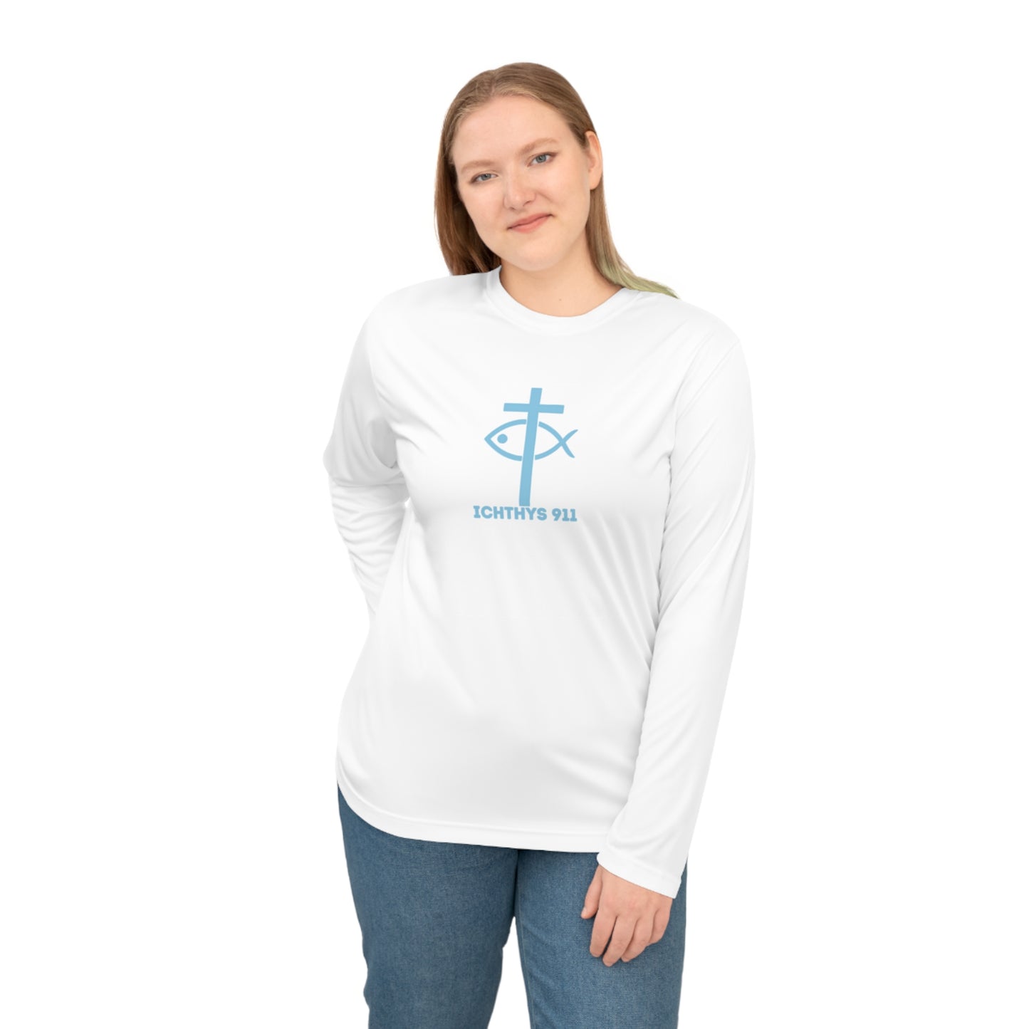 ICHTHYS 911 - Blue Font "13th Disciple" Unisex Performance Long Sleeve Shirt - 100% Moisture-Wicking Polyester - Men - Women - Christian Activewear Blue Font