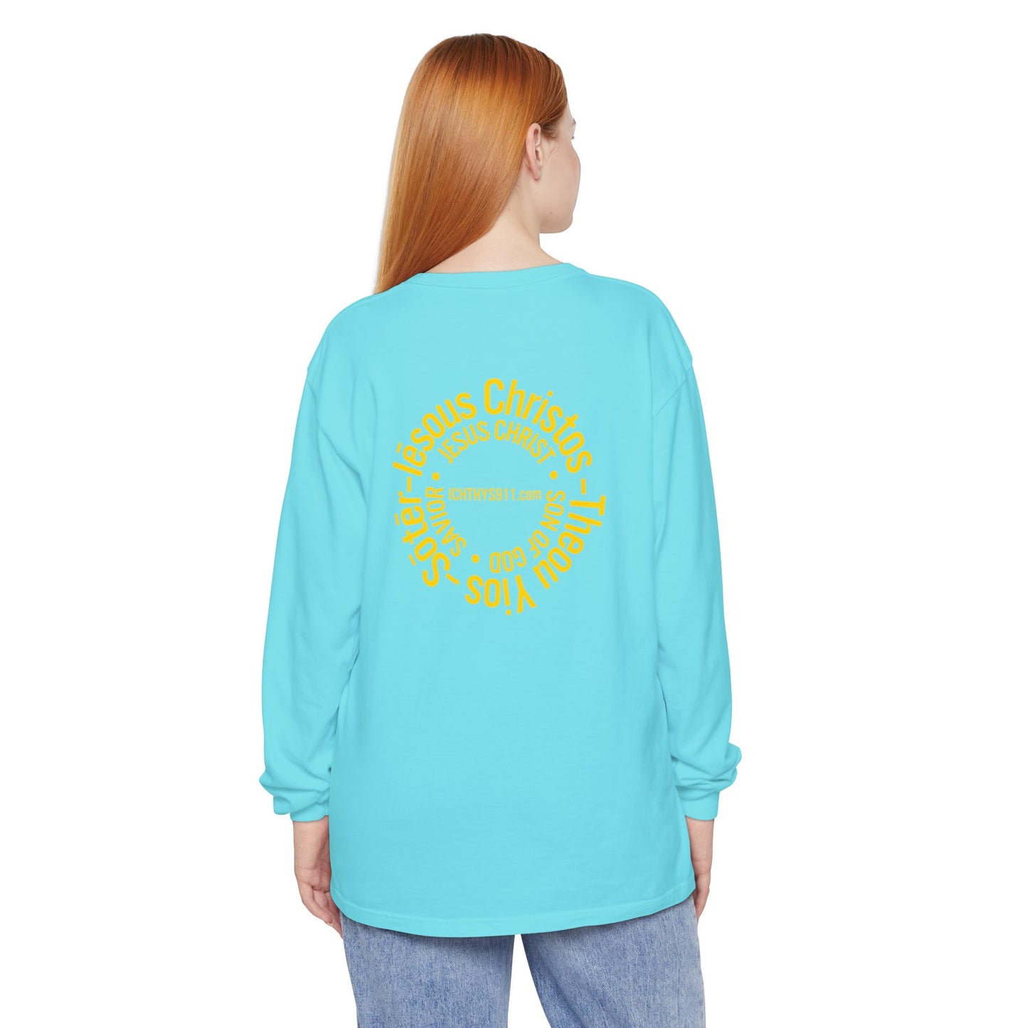 Authentic ICHTHYS 911 Collection -  Gold Font - Unisex Garment Dyed Long Sleeve T-Shirt - Men Long Sleeve - Women Long Sleeve - Christian Faith Symbol Tee - Faith Inspired