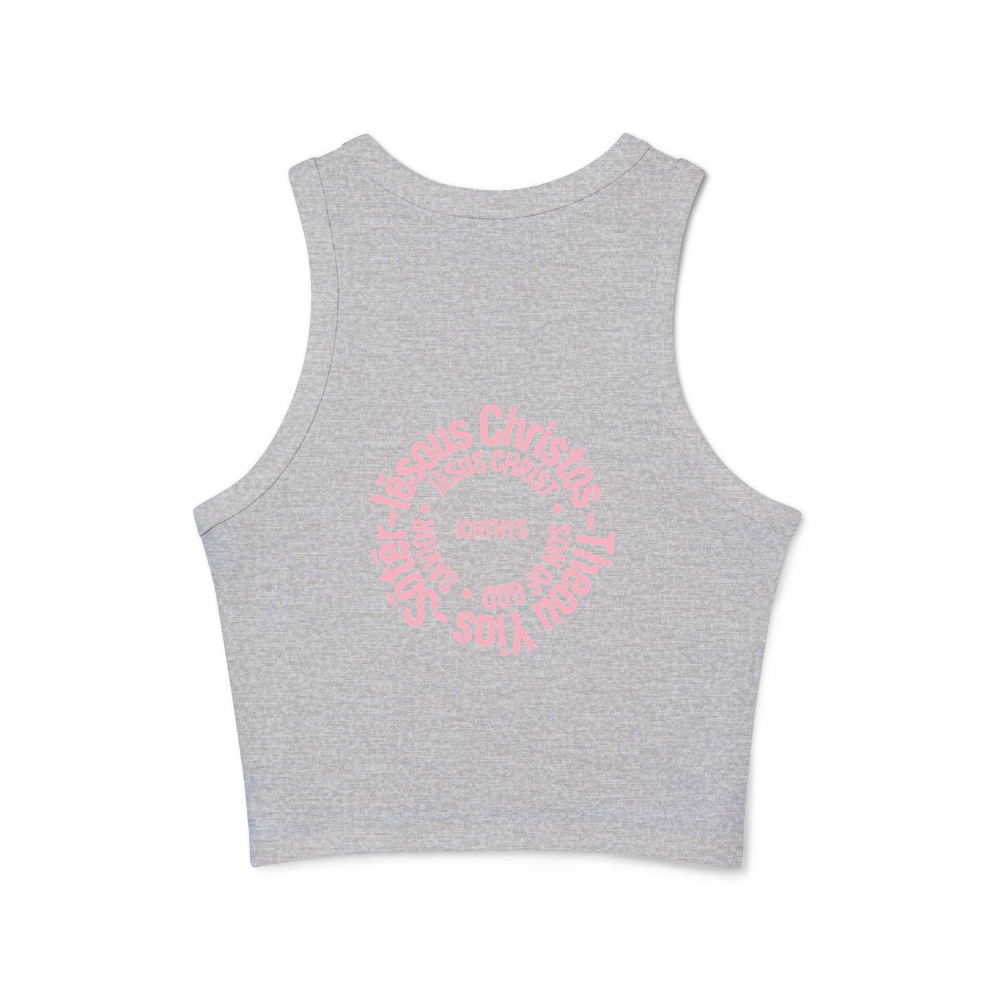 Iēsous Christos, Theou Yios, Sōtēr - Pink Font Faith-Inspired Women's Micro Rib Racer Tank Top - Cute Jesus Christ Design - Women Tank - Christian - Work Out - ICHTHYS 911 Design