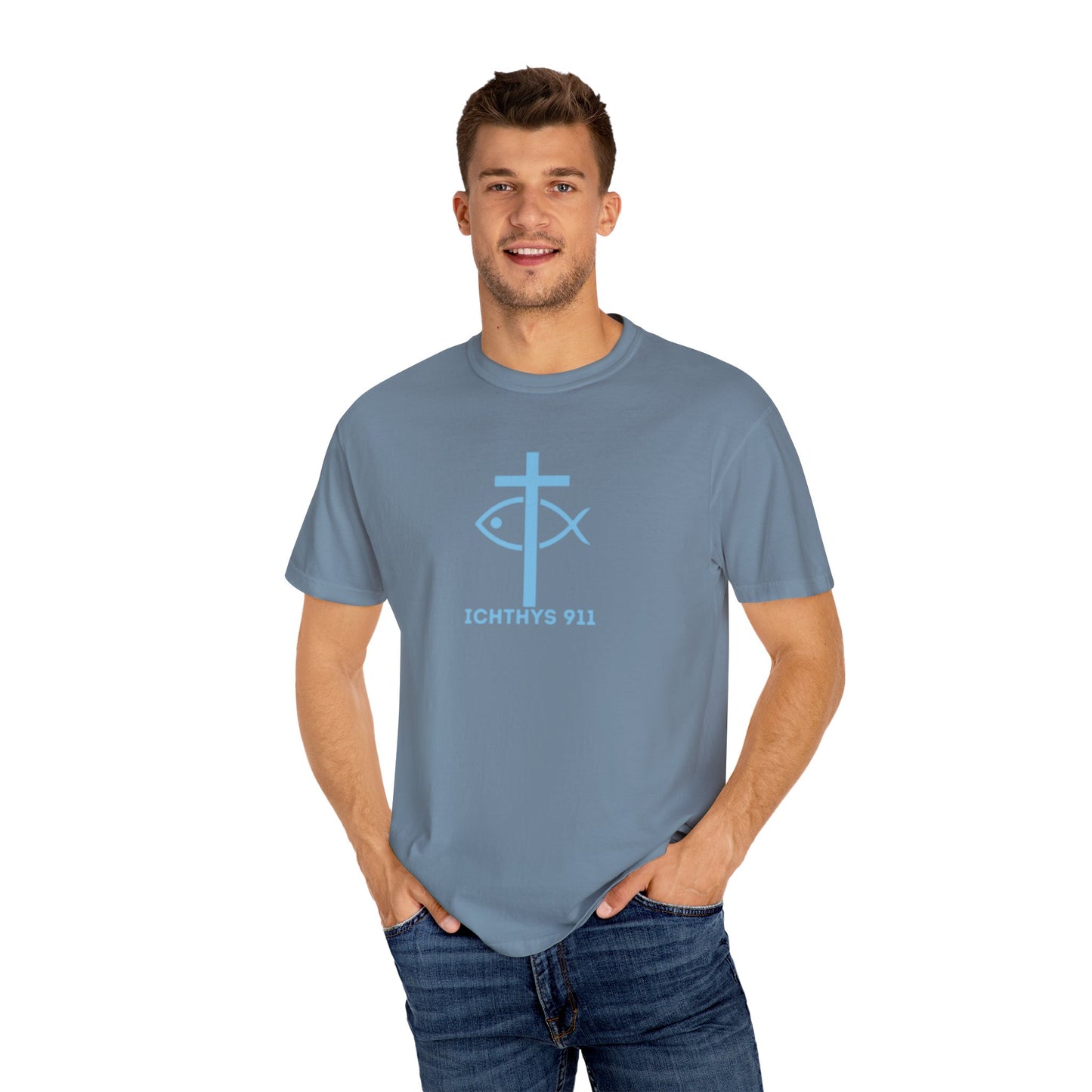 Iēsous Christos, Theou Yios, Sōtēr - Blue Font - Garment-Dyed Unisex T-Shirt - 100# US Cotton -Men T-Shirt - Women T-Shirt - Faith Inspired - Unisex Garment - ICHTHYS 911 - Blue Font - Heavy Duty Shirt
