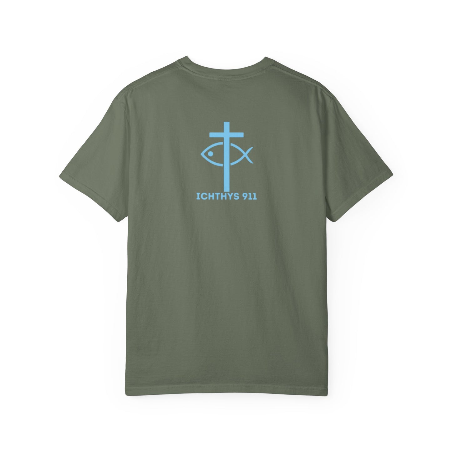 ICHTHYS 911 Blue & Black Font "Iēsous Christos, Theou Yios, Sōtēr" - Collection - Reverse Design - Unisex Garment Dyed - 100% US Cotton - Christian Graphic Tee - Gym - T - Christian Faith - Jesus Wear - Women T-Shirt - Men T-Shirt