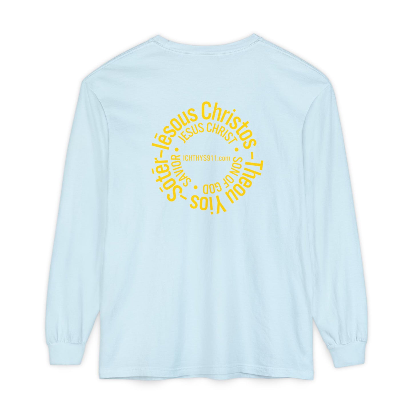 Authentic ICHTHYS 911 Collection -  Gold Font - Unisex Garment Dyed Long Sleeve T-Shirt - Men Long Sleeve - Women Long Sleeve - Christian Faith Symbol Tee - Faith Inspired