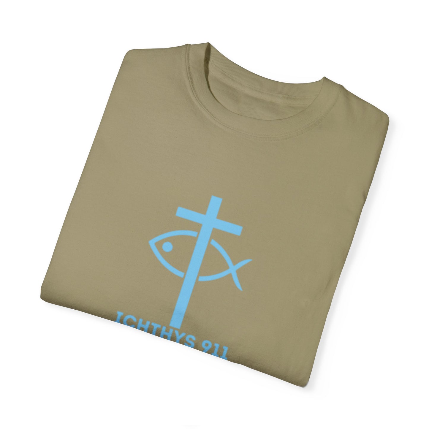ICHTHYS 911 - Authentic - Christian Streetwear T-Shirt – Jesus Gym & Faith Fashion, Unisex Garment-Dyed T-Shirt Blue Font