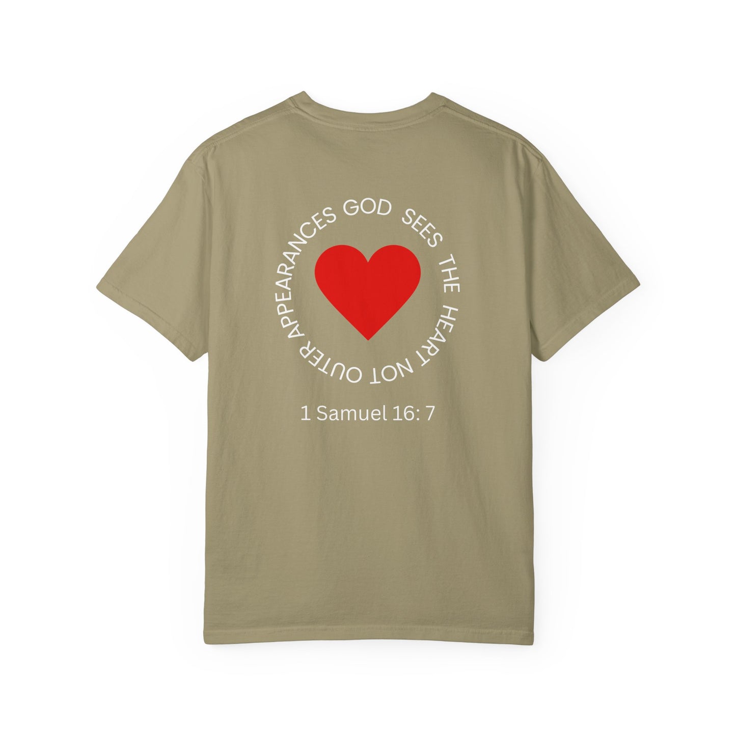 ICHTHYS 911 -  "God Sees the Heart" - White Font - Unisex Garment - Dyed T-Shirt - Inspirational Graphic T-Shirt for Everyday Motivation - 100% US cotton