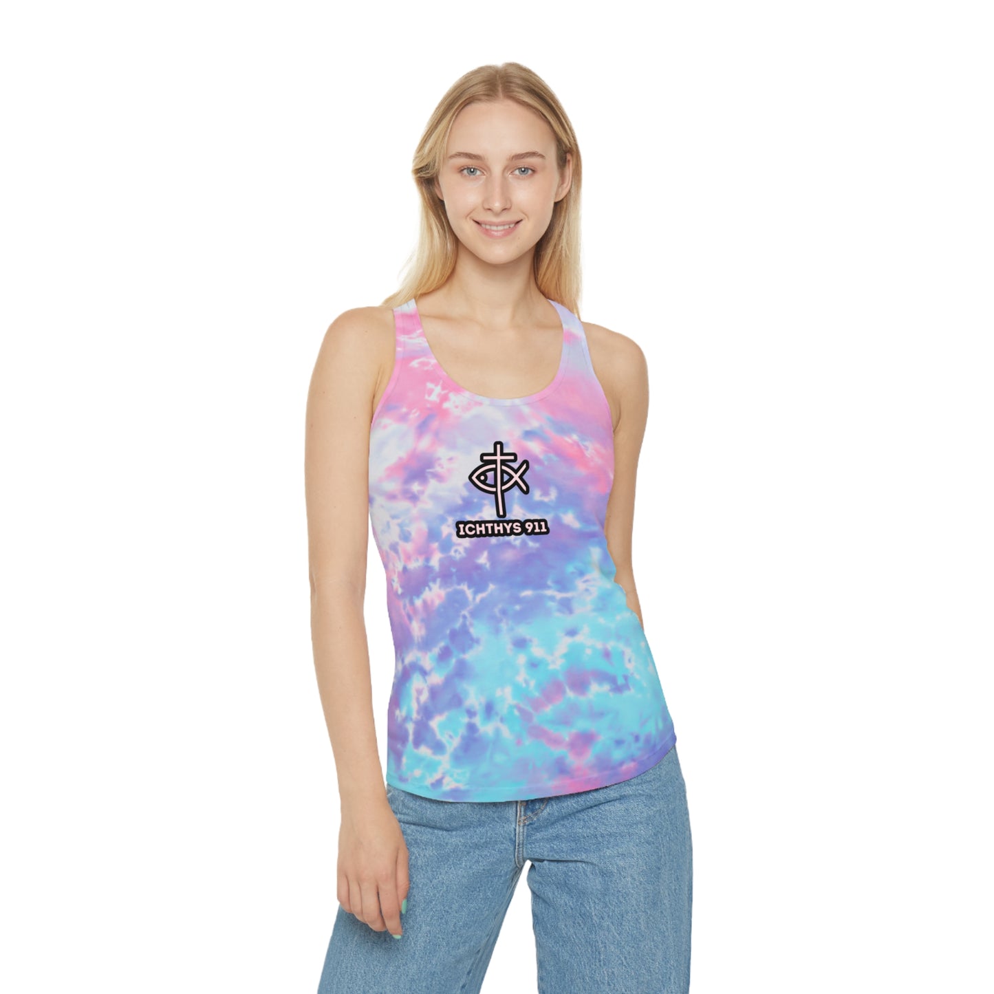 Women Tie Dye Tank Top - ICHTHYS 911 Summer Vibes Racerback Shirt. Be bold in your walk. Be known by your faith. Represent the movement.