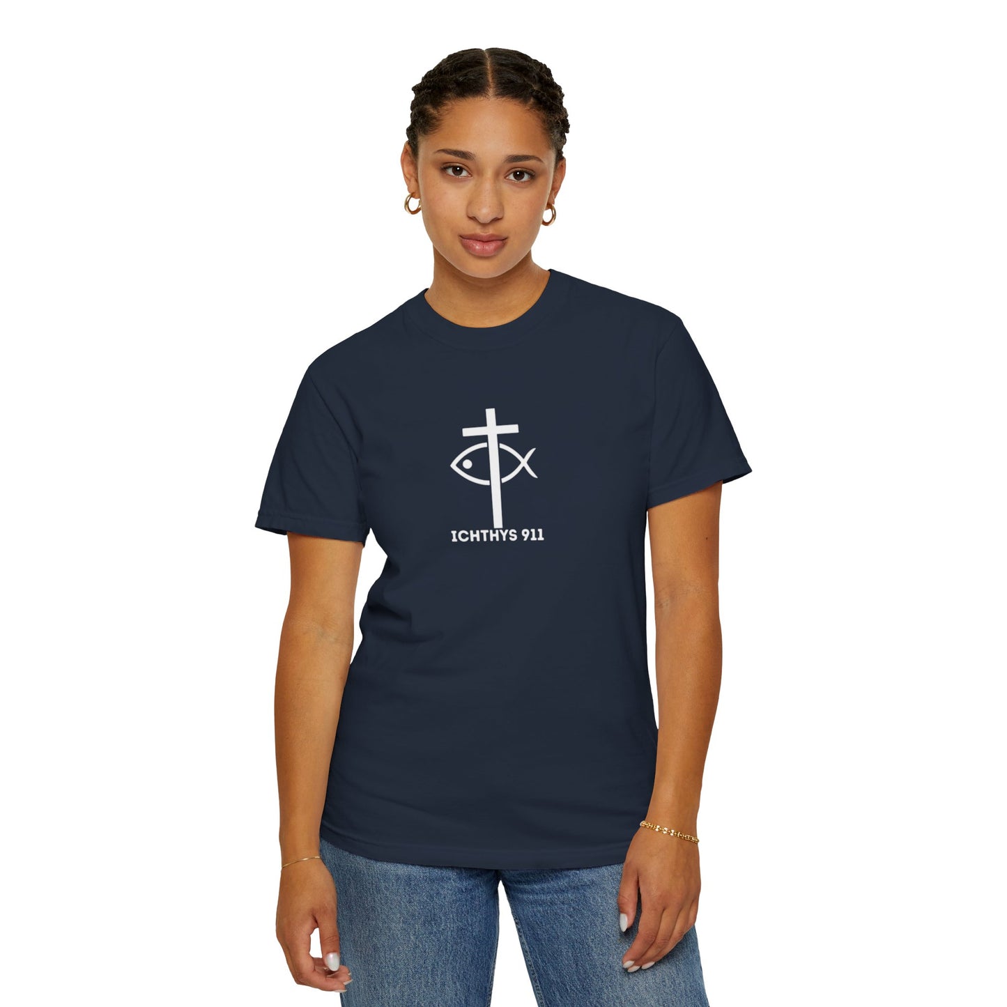 ICHTHYS 911 - 13th Disciple Collection - Christian Streetwear T-Shirt / Sweatshirt – Jesus Gym & Faith Fashion, Unisex Garment-Dyed T-Shirt White Font