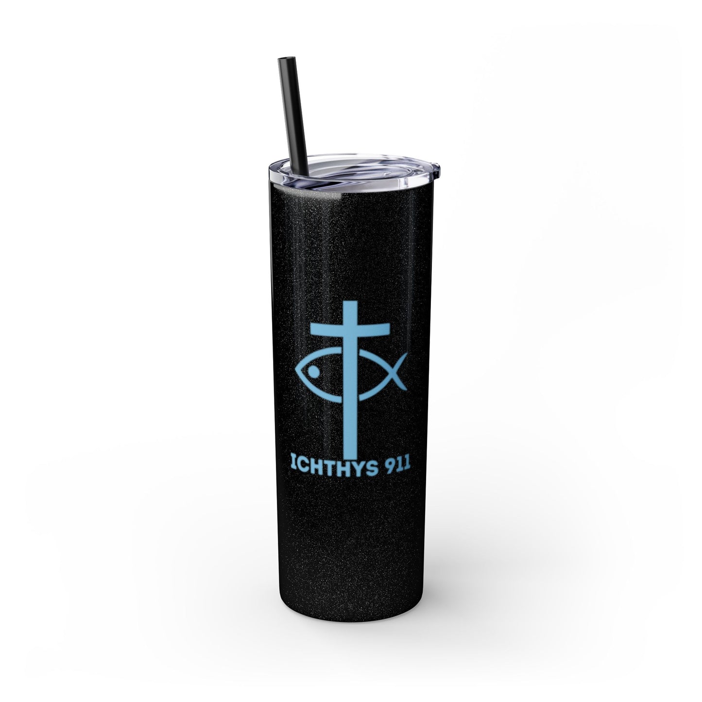 ICHTHYS 911 - Blue Font - Faith-Inspired Skinny Tumbler with Straw - 20oz Baby Shower Drip