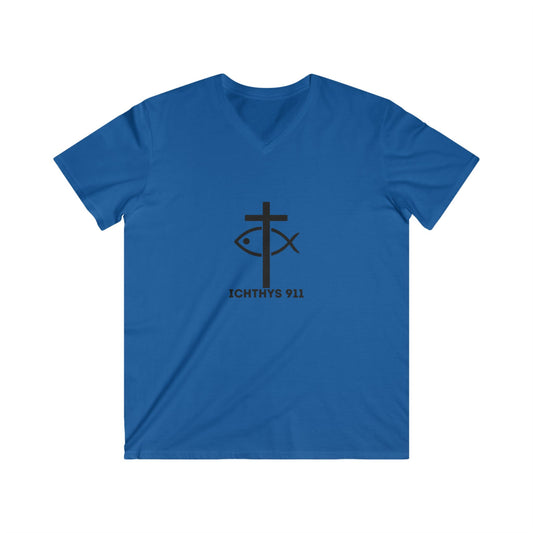 13th Disciple Collection - Men's Fitted V-Neck - Short Sleeve T - Shirt - Faith-Inspired - Christian - Black Font - ICHTHYS 911