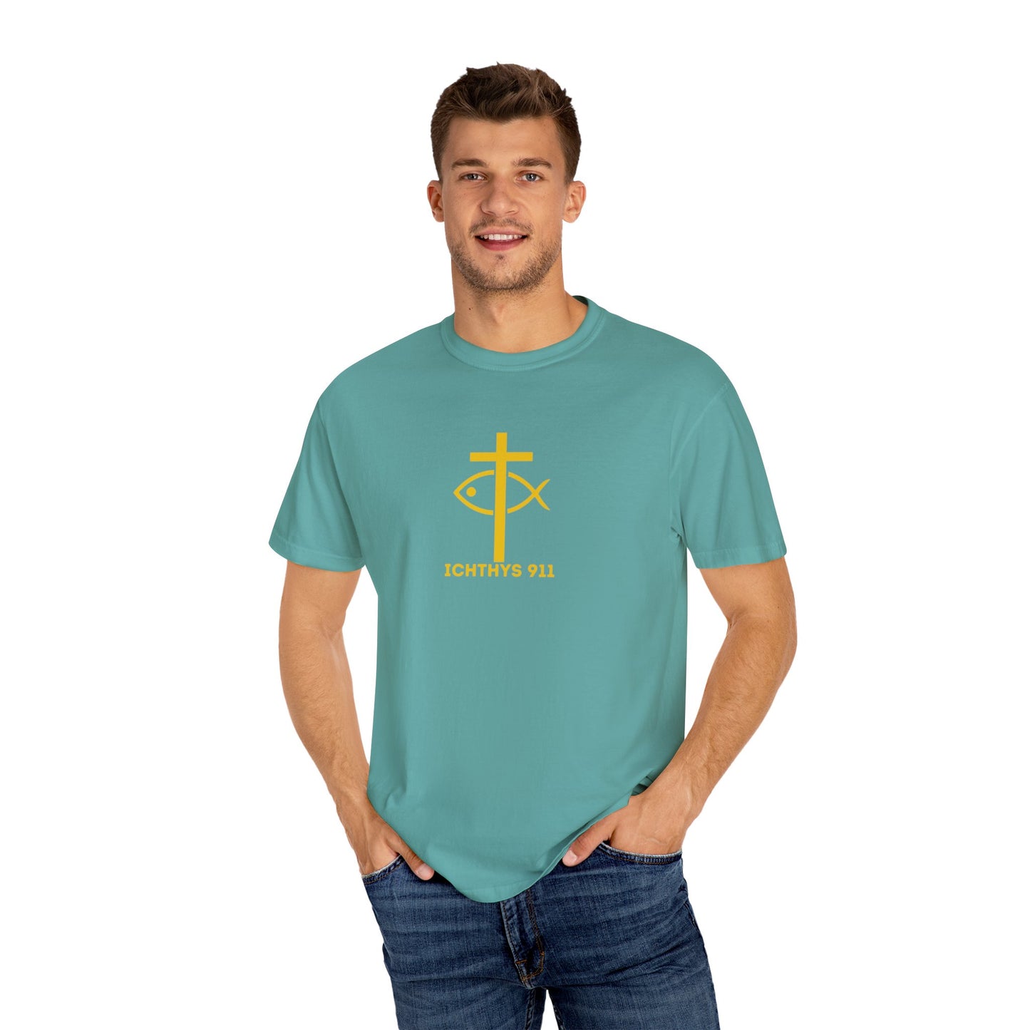 ICHTHYS 911 - "God Sees the Heart" Reverse' Gold Font - Unisex Garment - Dyed T-Shirt - 100% US Cotton - Men T-Shirt - Women T-Shirt - Inspirational Graphic T-Shirt for Everyday Motivation