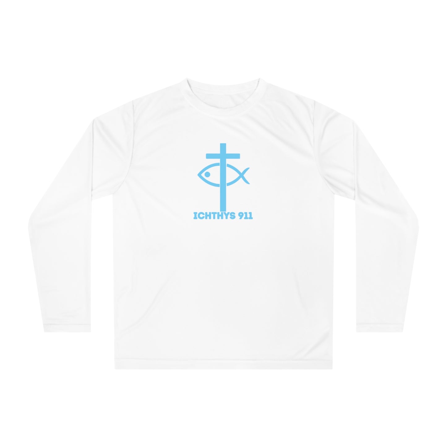 Faith & Strength Reverse Unisex Performance Long Sleeve Shirt - ICHTHYS 911 Christian Activewear Blue Font