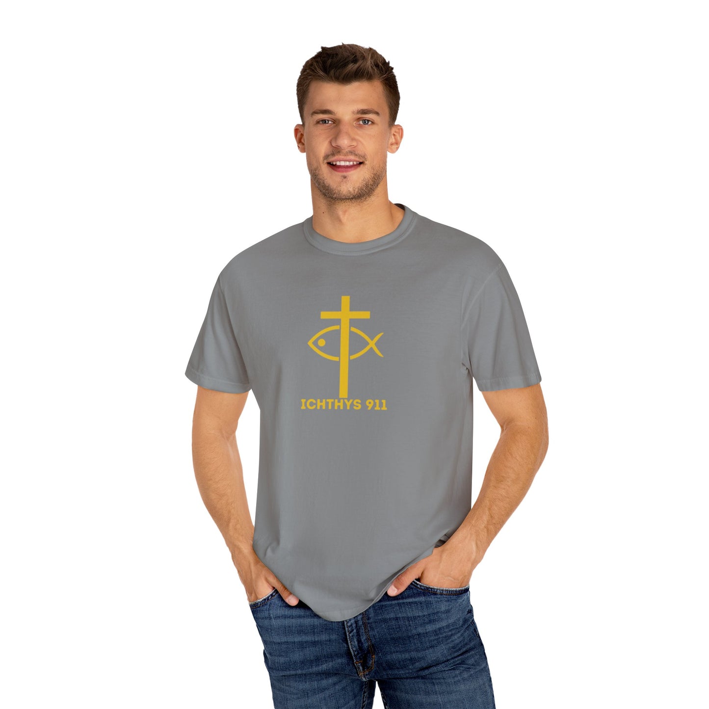 "Jesus Christ Son of God Savior" - Gold Font - Unisex Garment Dyed T- Shirt - Men T-Shirt - Women T-Shirt - Christian Streetwear T-Shirt – Jesus Gym & Faith Fashion,ICHTHYS 911 -