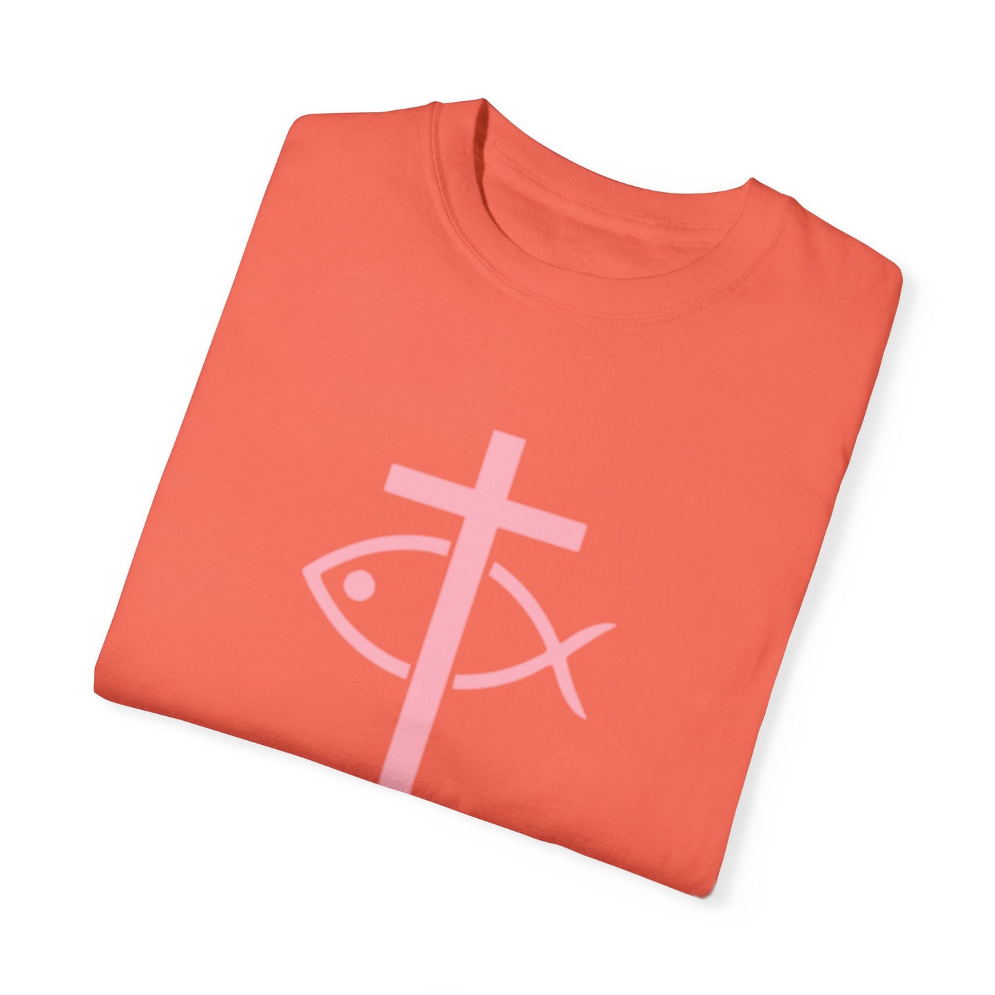 ICHTHYS 911 - Authentic - W/O IC 911 on Back -Christian Streetwear T-Shirt – Jesus Gym & Faith Fashion, Unisex Garment-Dyed T-Shirt Soft Pink Font