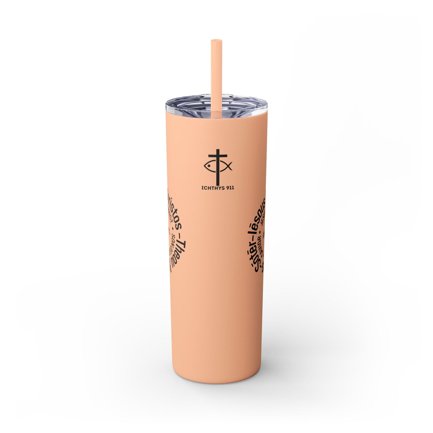 ICHTHYS 911 Black Font - Faith-Inspired Skinny Tumbler with Straw - 20oz - Faith