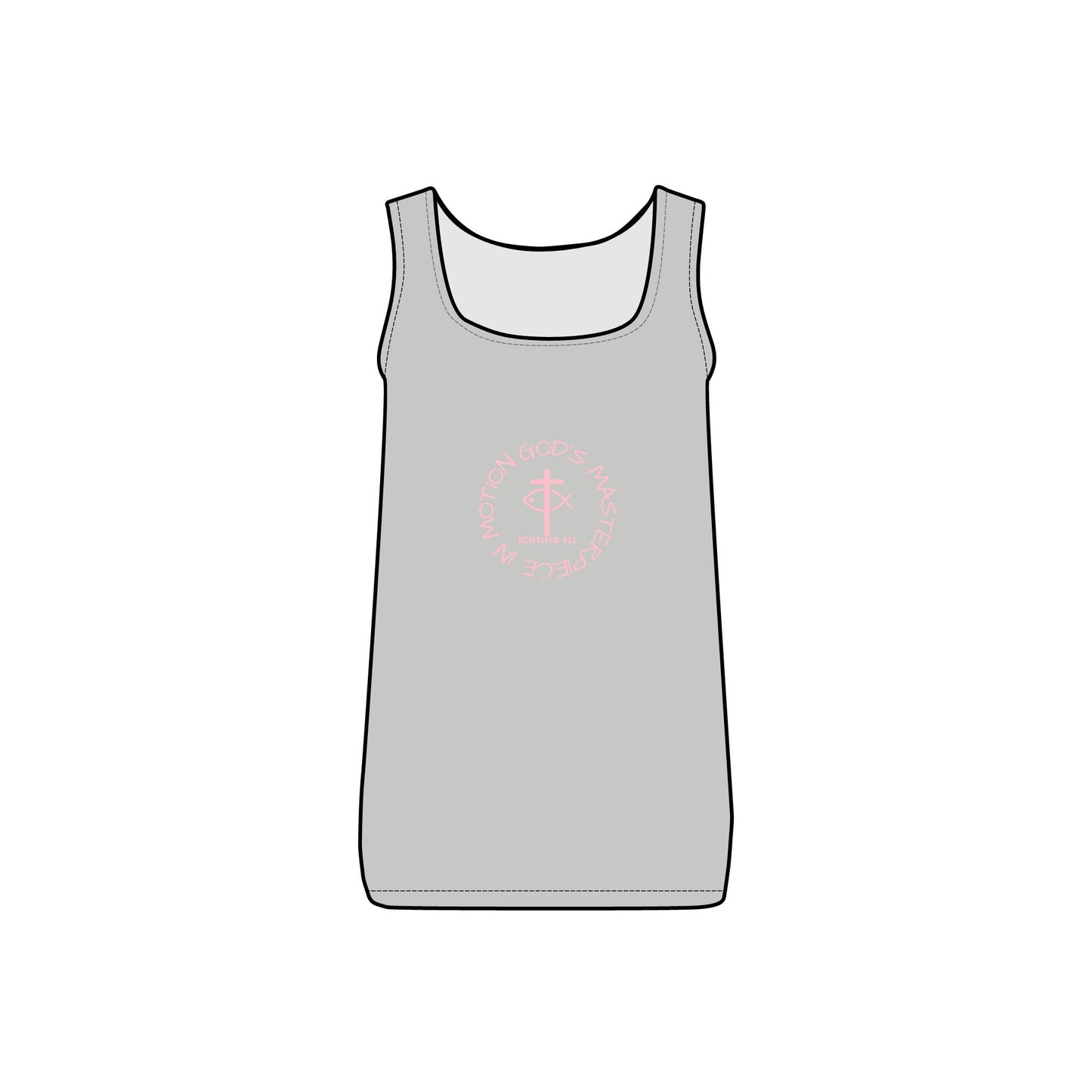 ICHTHYS 911 - Pink Font - "God's Masterpiece In Motion" - Reverse Design - Comfortable Women's Micro Ribbed Tank with Inspirational Design - Slim fit - Featuring exclusive ICHTHYS 911 Logo