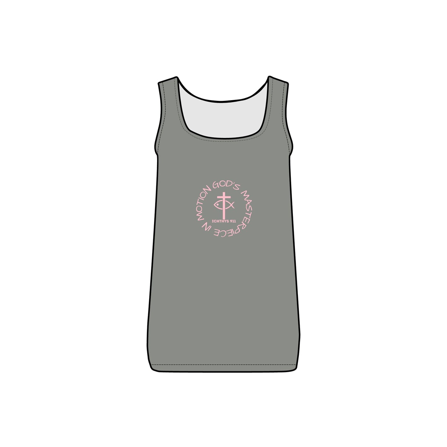 ICHTHYS 911 - Pink Font - "God's Masterpiece In Motion" - Reverse Design - Comfortable Women's Micro Ribbed Tank with Inspirational Design - Slim fit - Featuring exclusive ICHTHYS 911 Logo