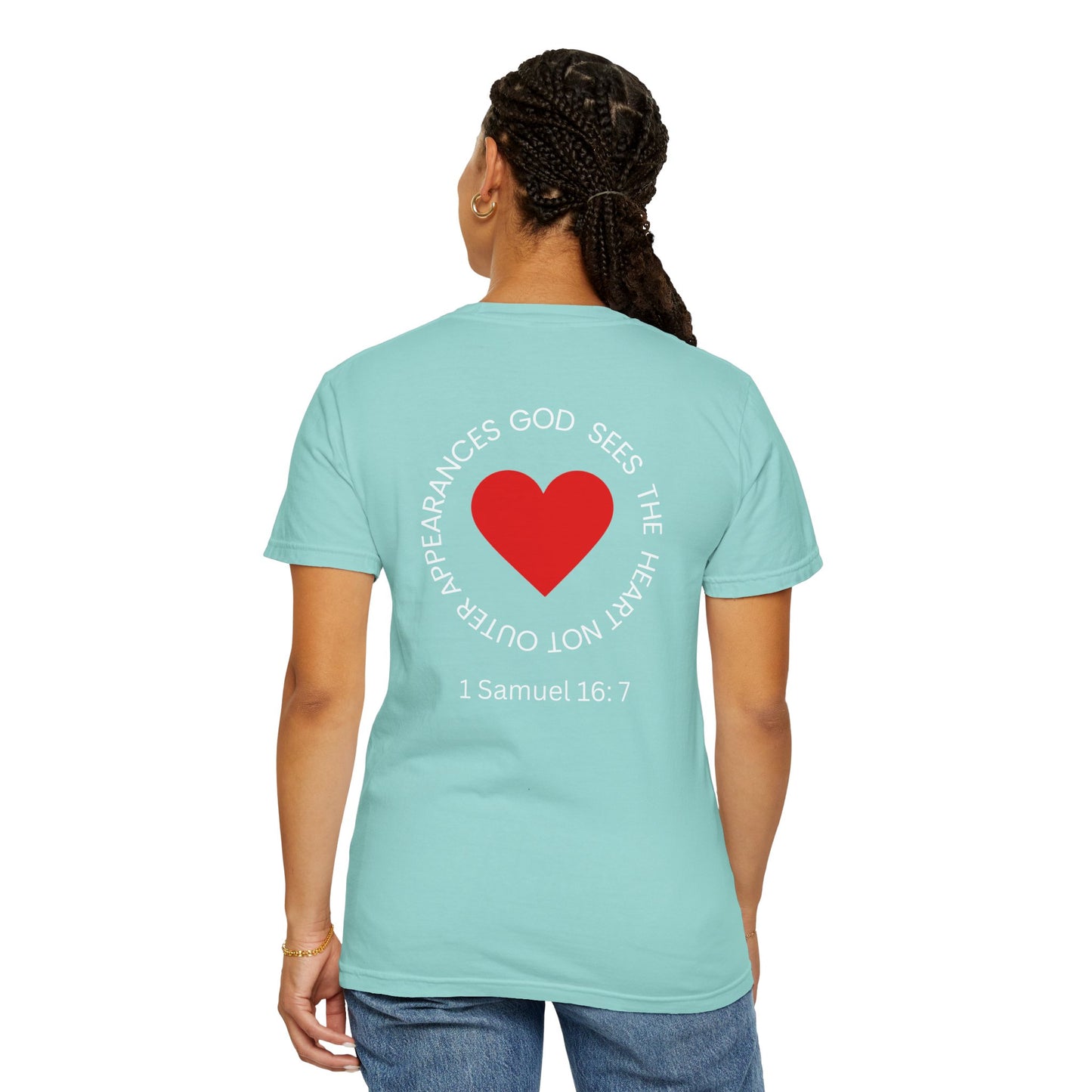 ICHTHYS 911 -  "God Sees the Heart" - White Font - Unisex Garment - Dyed T-Shirt - Inspirational Graphic T-Shirt for Everyday Motivation - 100% US cotton