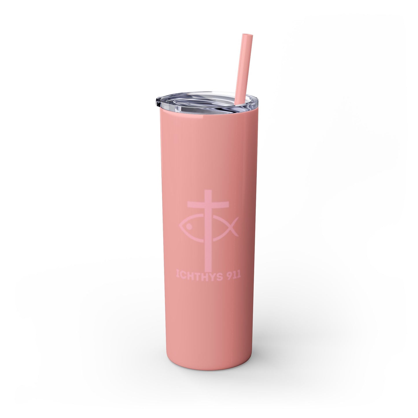 ICHTHYS 911 Pink Font Faith-Inspired Skinny Tumbler with Straw - 20oz