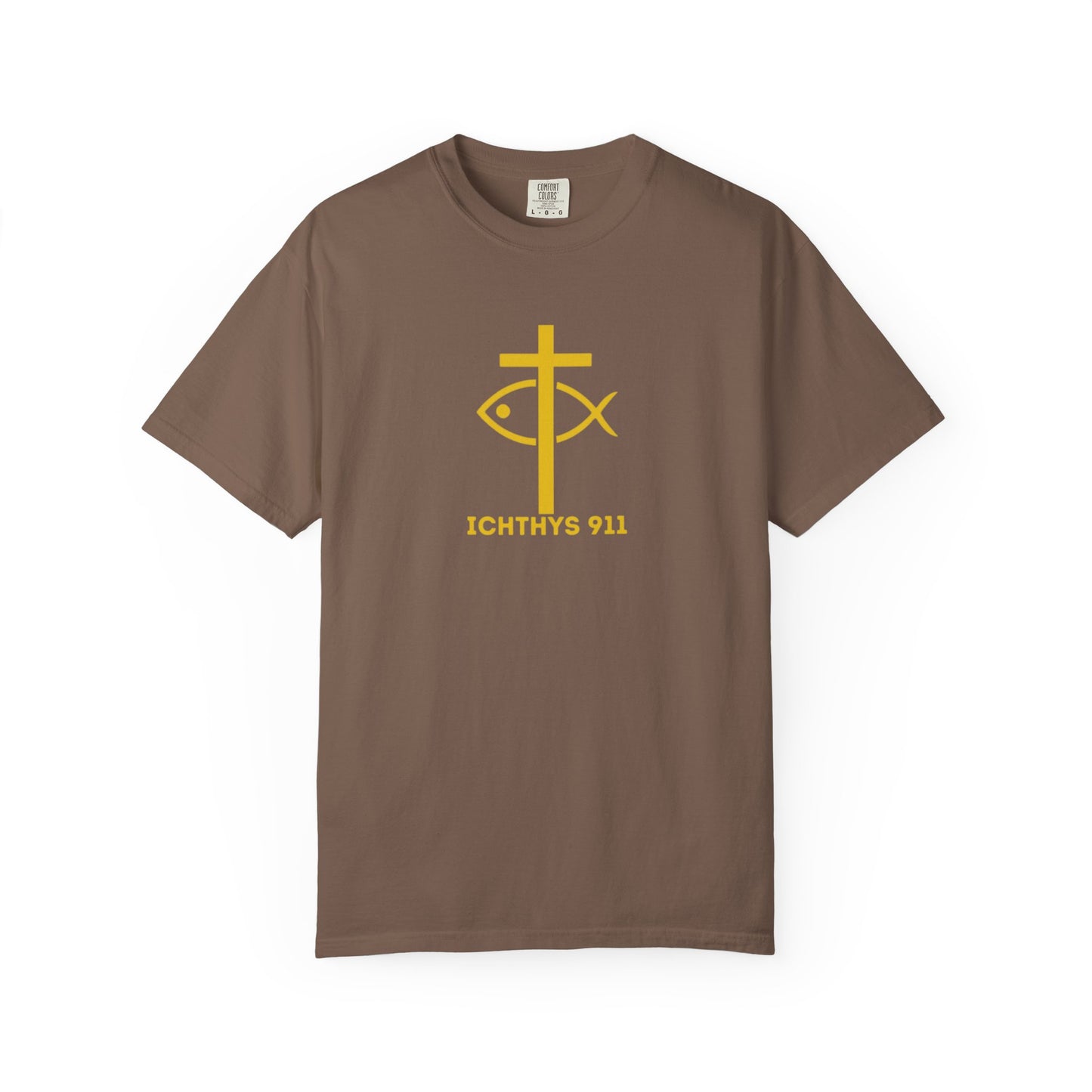 "Jesus Christ Son of God Savior" - Gold Font - Unisex Garment Dyed T- Shirt - Men T-Shirt - Women T-Shirt - Christian Streetwear T-Shirt – Jesus Gym & Faith Fashion,ICHTHYS 911 -