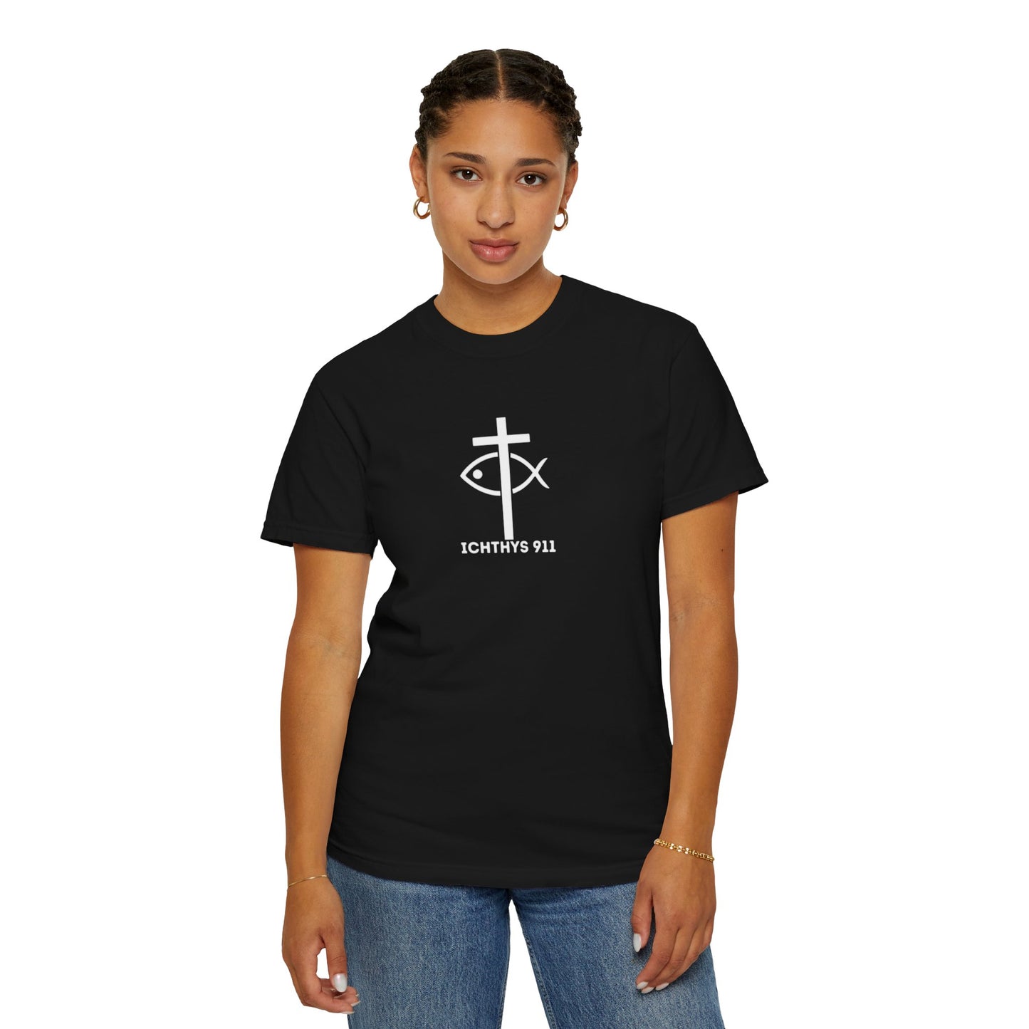 ICHTHYS 911 - 13th Disciple Collection - Christian Streetwear T-Shirt / Sweatshirt – Jesus Gym & Faith Fashion, Unisex Garment-Dyed T-Shirt White Font